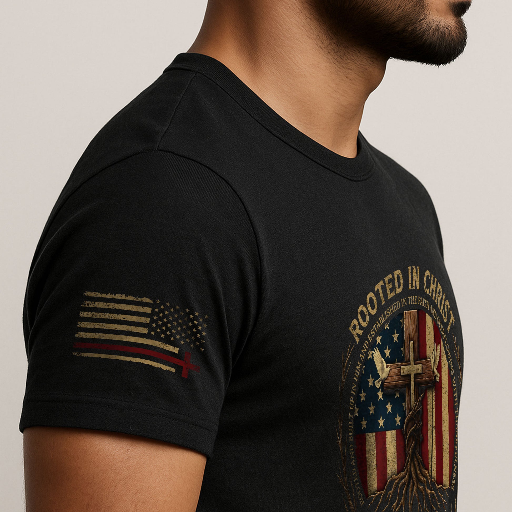 Christian Tee Shirts, Rooted in Christ Colossians 2:7 American Flag Faith - Christian Shirts for Men - Rust Field Wear