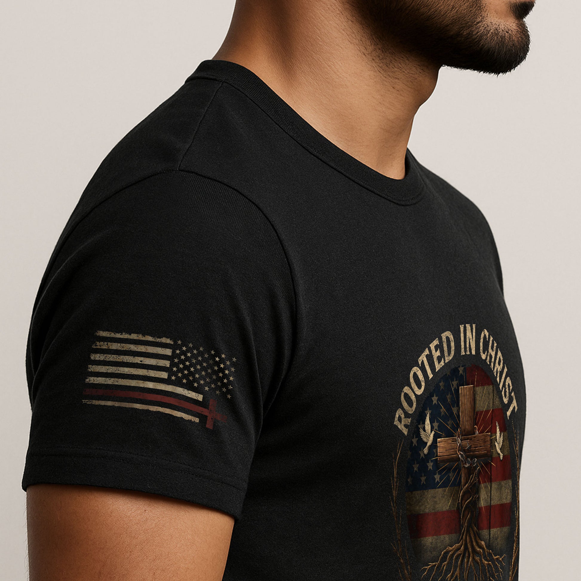 Rooted In Christ Colossians 2:7 American Faith, Christian Shirts for Men - Christian Tee Shirts - Rust Field Wear