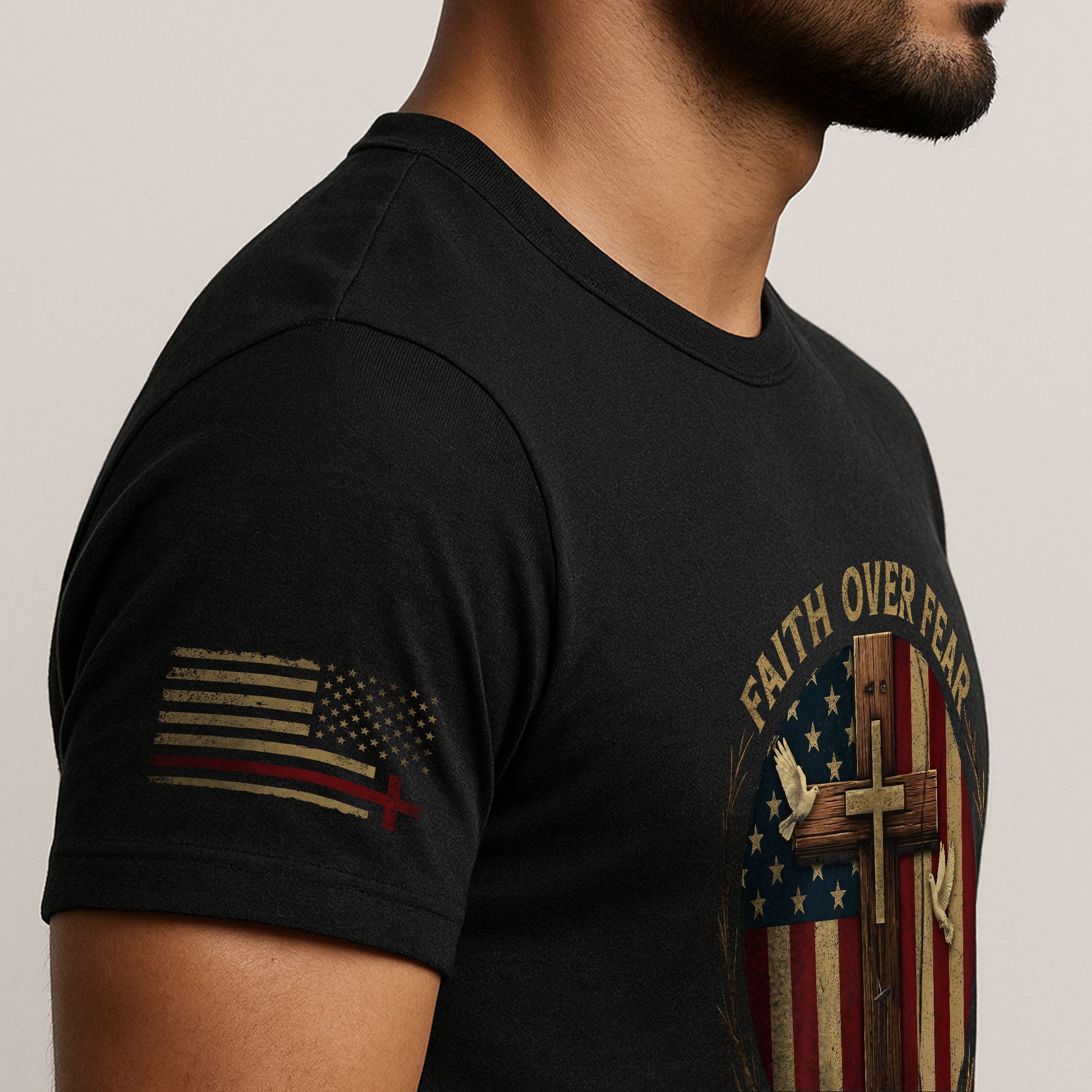 Faith Based Christian Tee Shirts, Faith Over Fear American Flag Cross Christian - Christian Shirts for Men - Rust Field Wear