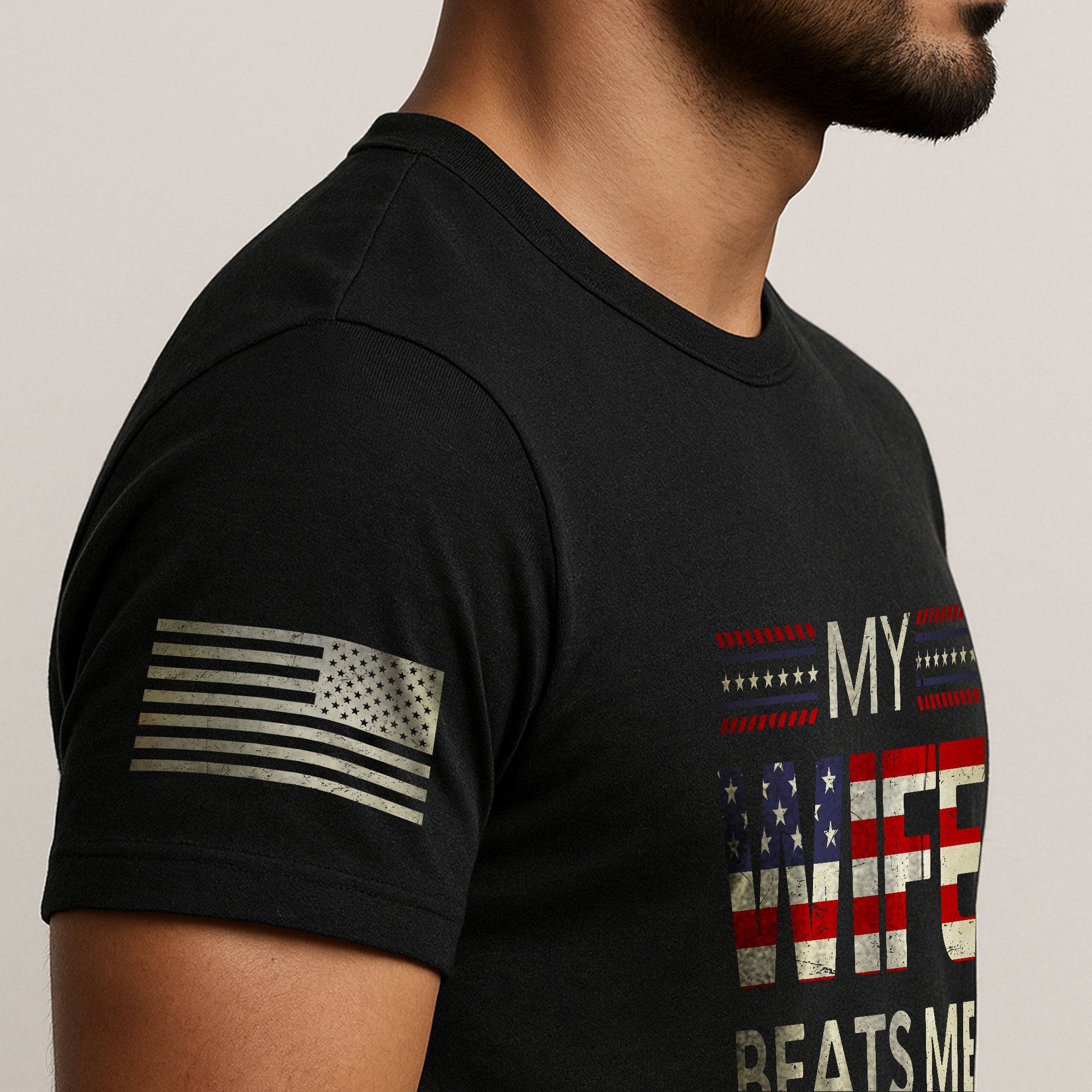 My Wife Beats Me Funny Joke Quote Men Stars Stripes Graphic Shirt Casual Novelty Tops