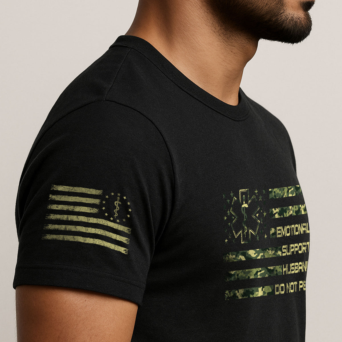 Sarcastic Emotional Support Husband Do Not Pet Camo Flag Tee Shirt Cotton Apparel