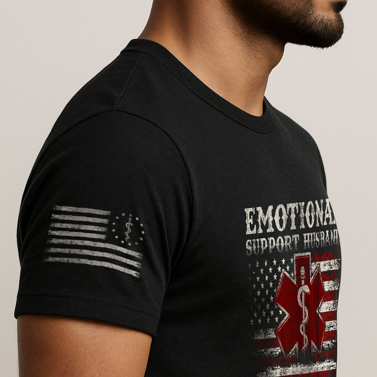 Emotional Support Husband Do Not Pet American Flag Graphic Tee Shirt Cotton Apparel