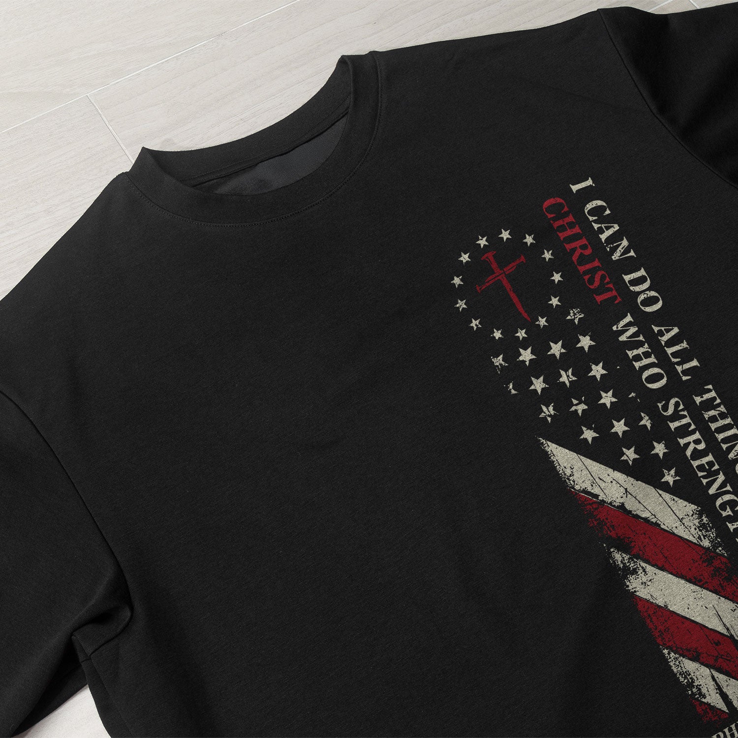 Faith Based Christian Tee Shirts, Philippians 4:13 I Can Do All Things Through Christ American Flag - Christian Shirts for Men - Rust Field Wear