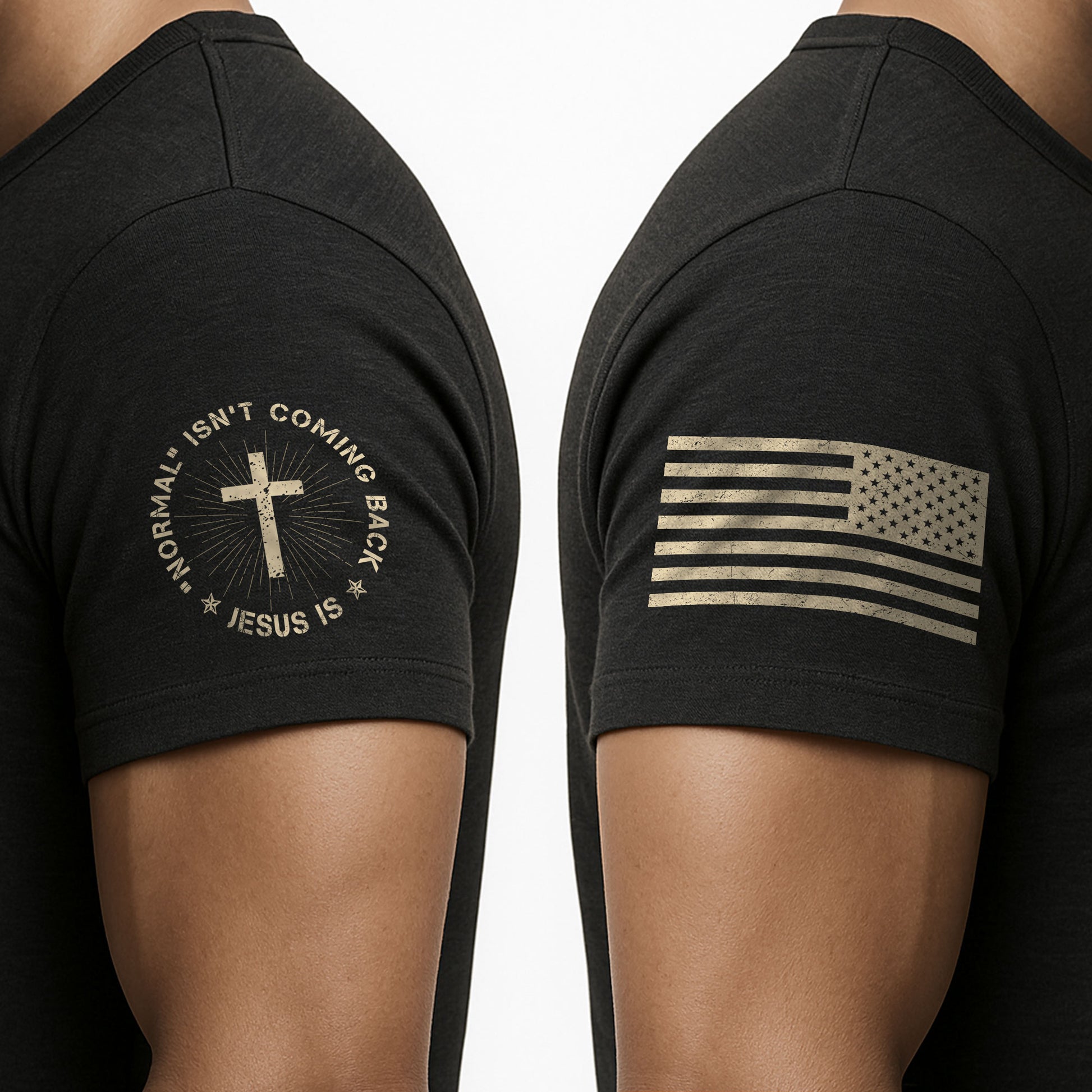 Normal Isn’t Coming Back Jesus Is , Revelation 1:4 Floral USA Flag Cross - Christian Tee Shirts, Christian Shirts for Men - Rust Field Wear