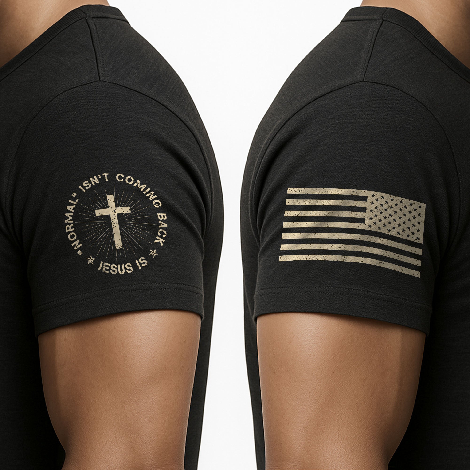 Normal Isn’t Coming Back Jesus Is , Revelation 1:4 Floral USA Flag Cross - Christian Tee Shirts, Christian Shirts for Men - Rust Field Wear