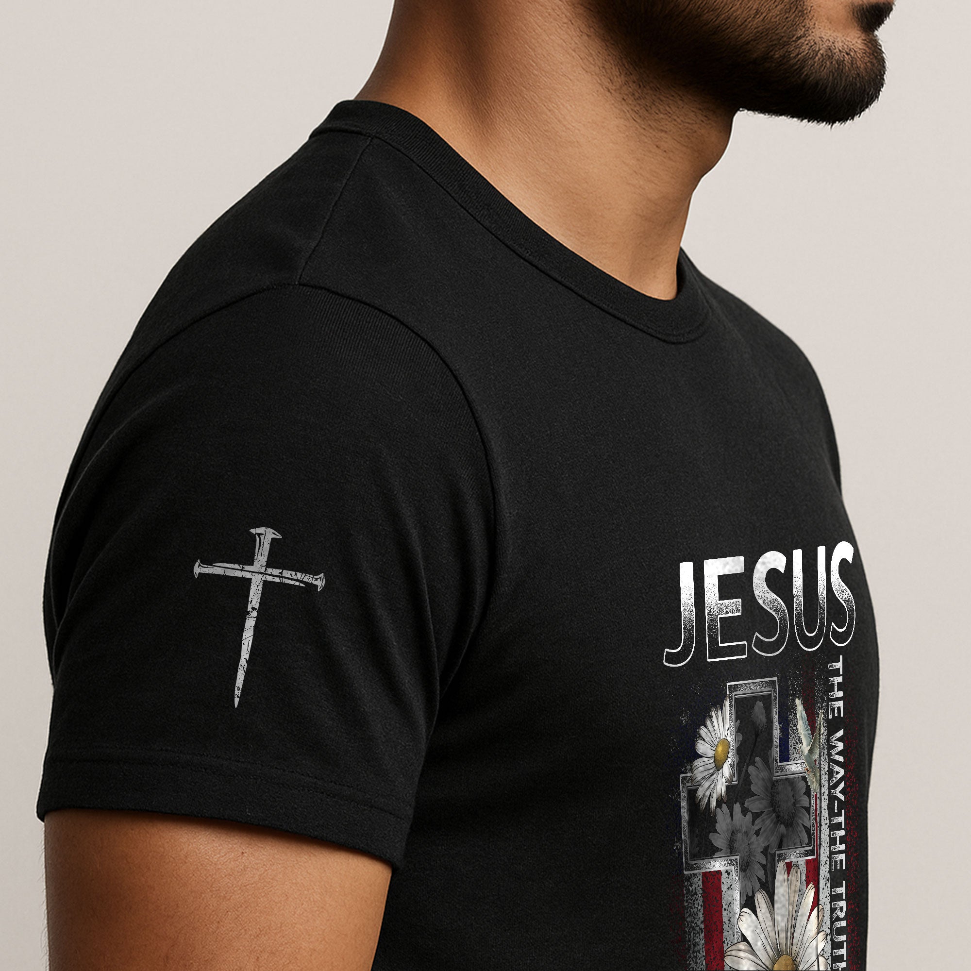 Christian Shirts for Men, Jesus The Way The Truth The Life Floral Cross USA Flag Christian - Christian Tee Shirts - Rust Field Wear