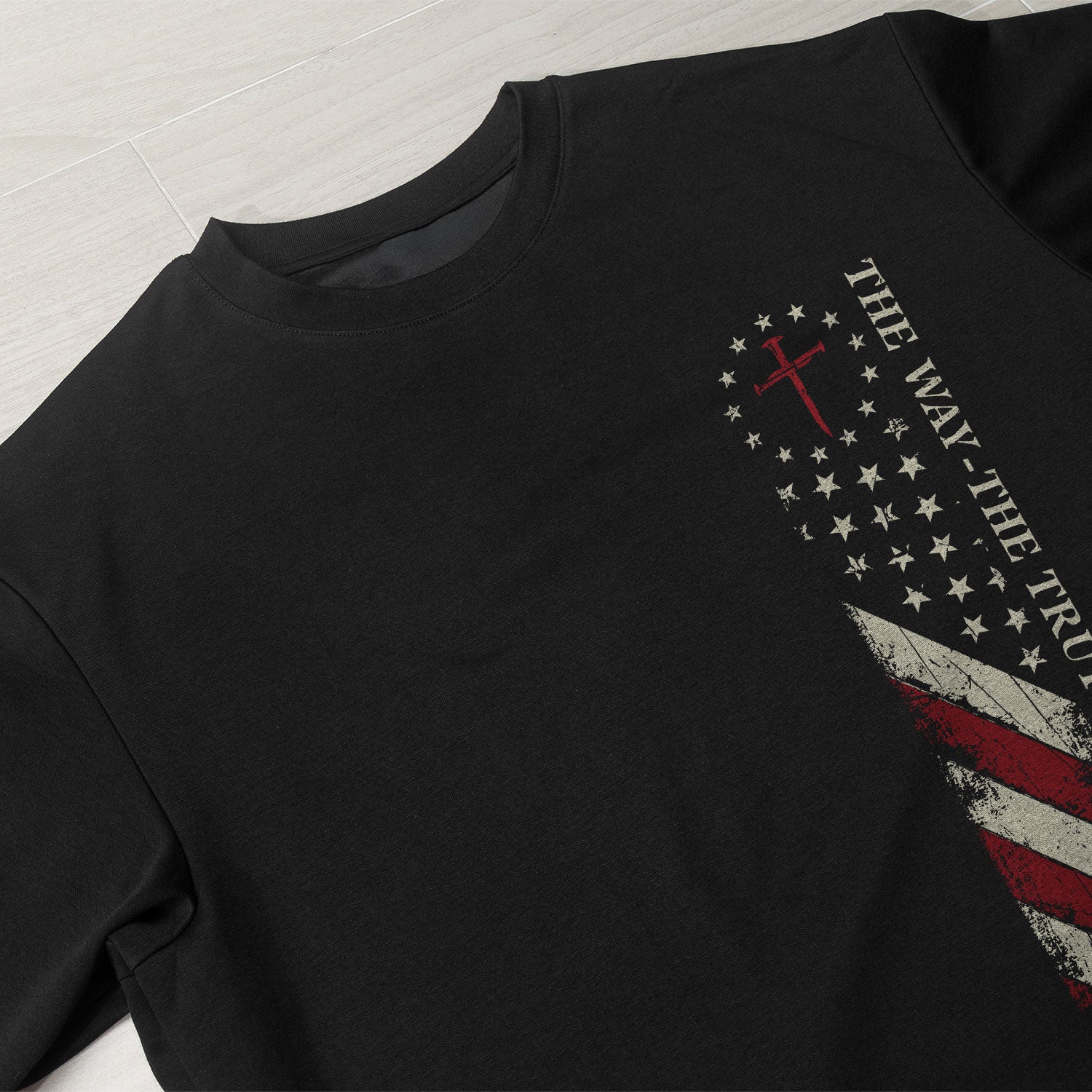 Faith Based Christian Tee Shirts, Jesus The Way The Truth The Life USA Flag Cross 2 Sided Christian - Christian Shirts for Men - Rust Field Wear