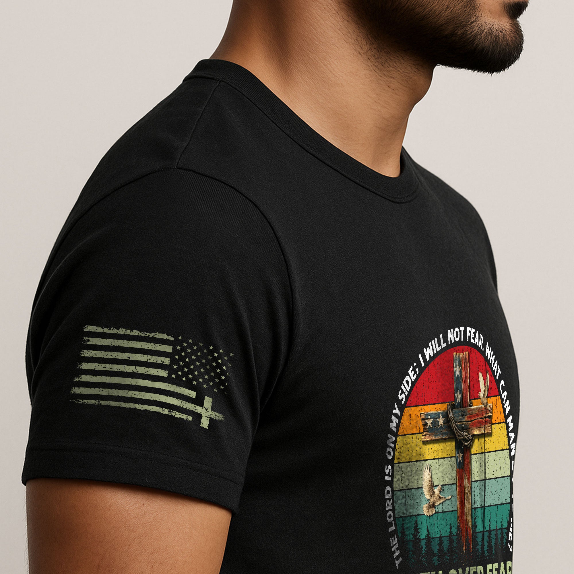 Faith Over Fear Psalm 118:6 Cross and Flag Christian Vintage, Christian Shirts for Men - Christian Tee Shirts - Rust Field Wear