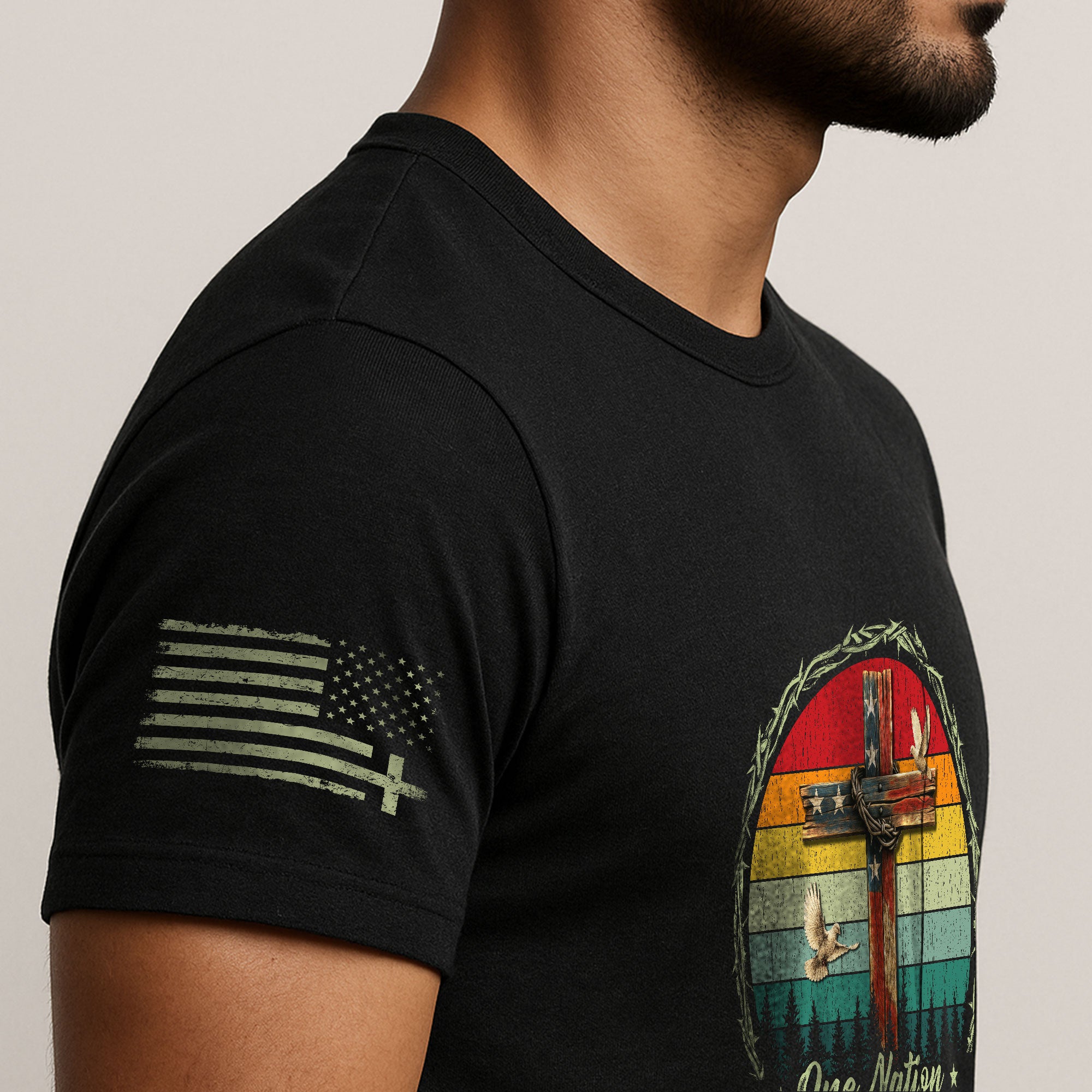 Christian Shirts for Men, One Nation Under God Retro Sunset Cross - Christian Tee Shirts - Rust Field Wear