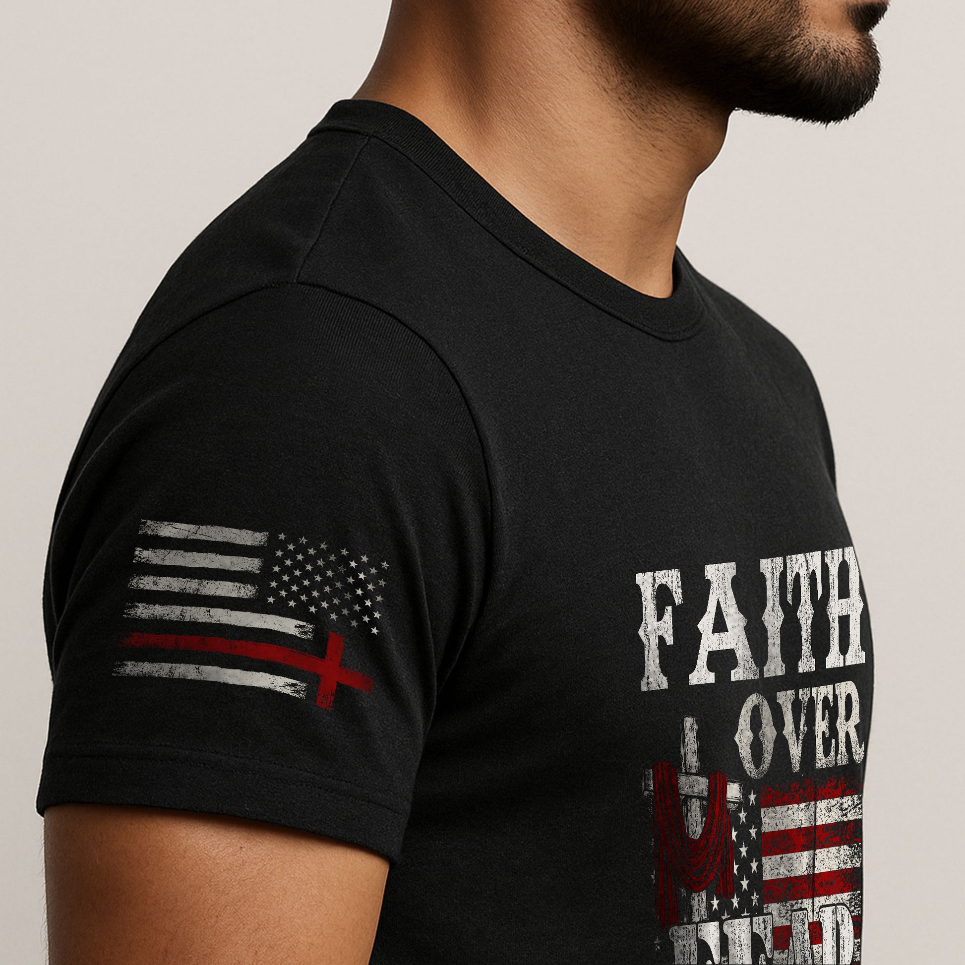 Faith Over Fear Psalm 118:6 Cross and American Flag - Christian Shirts for Men, Faith Based Christian Tee Shirts - Rust Field Wear