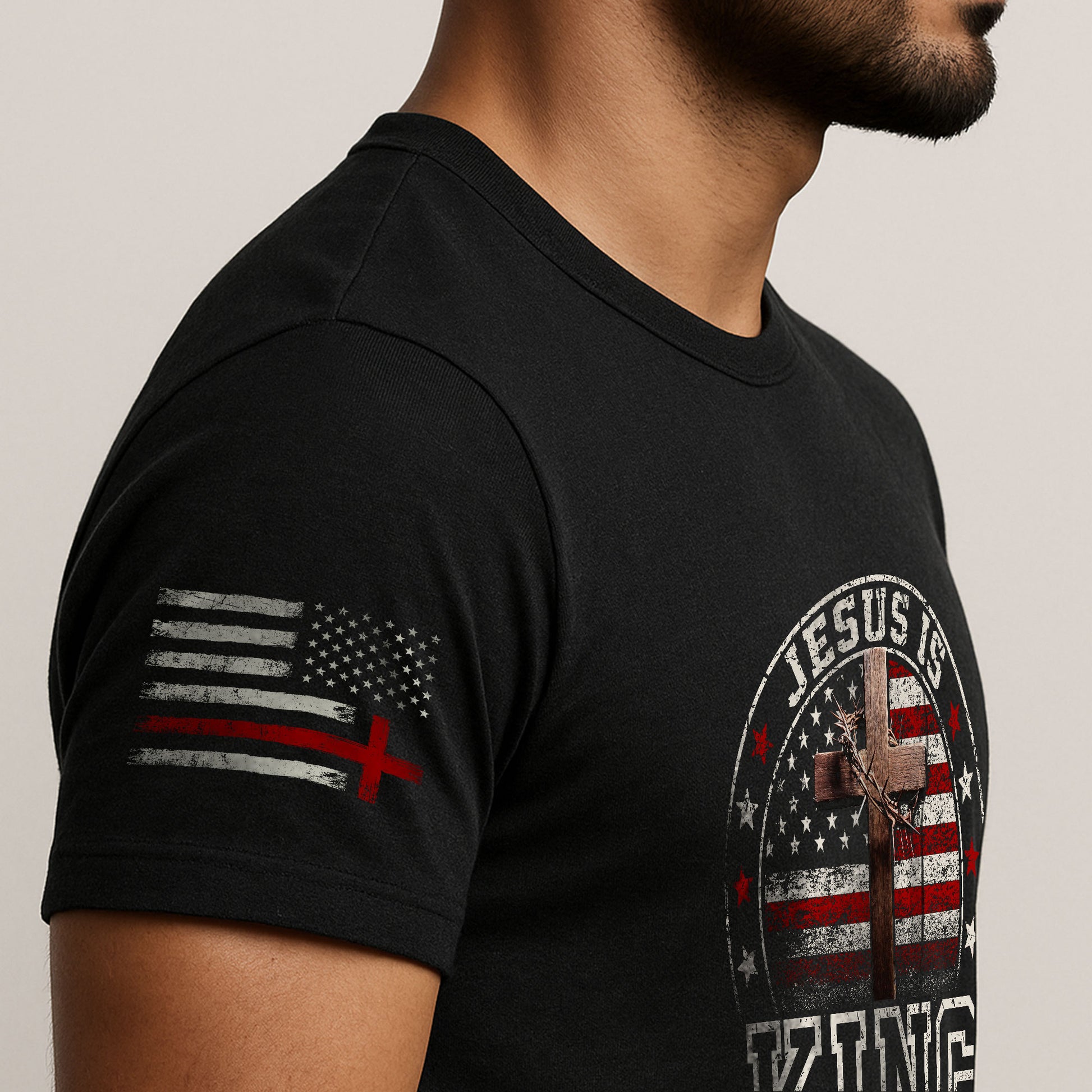 Christian Tee Shirts, Jesus Is King Bold Christian USA Cross - Christian Shirts for Men - Rust Field Wear