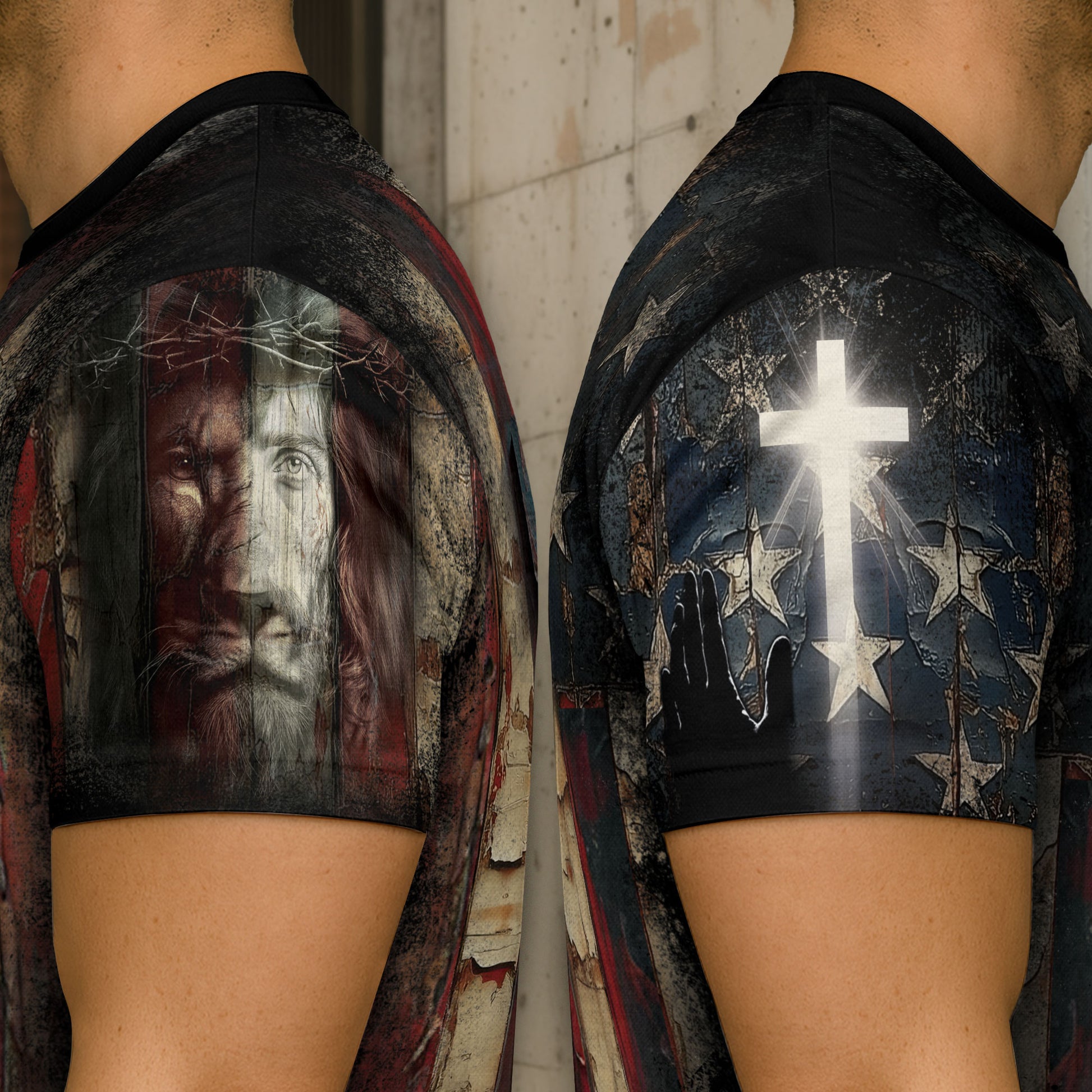 Christian Tee Shirts for Men - Faith Over Fear Cross Rustic American Flag, RustField Co Freedom Shirts - Rust Field Wear