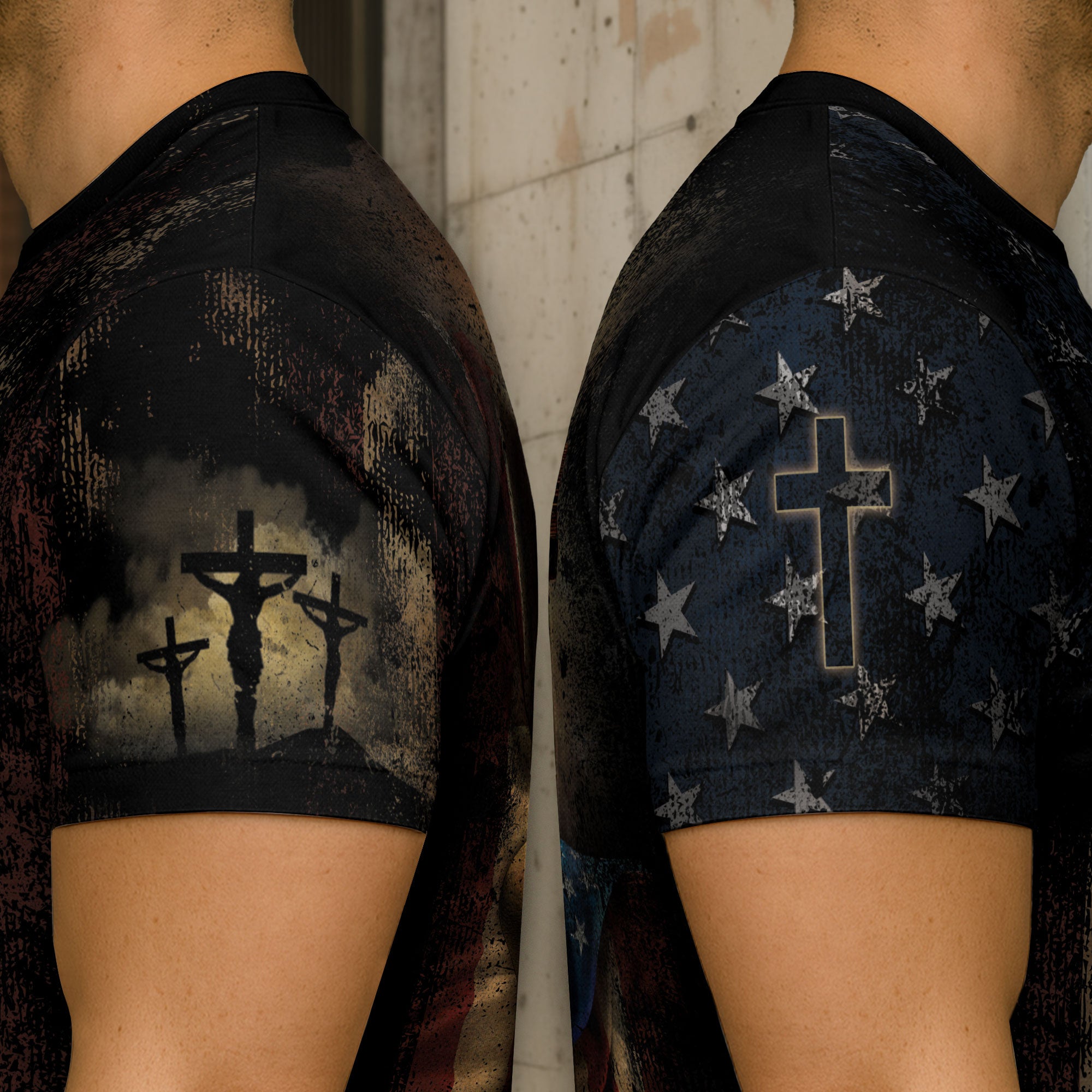 RustField Co Freedom Shirts - HE IS RISEN Cross and Resurrection Patriotic, Christian Tee Shirts for Men - Rust Field Wear