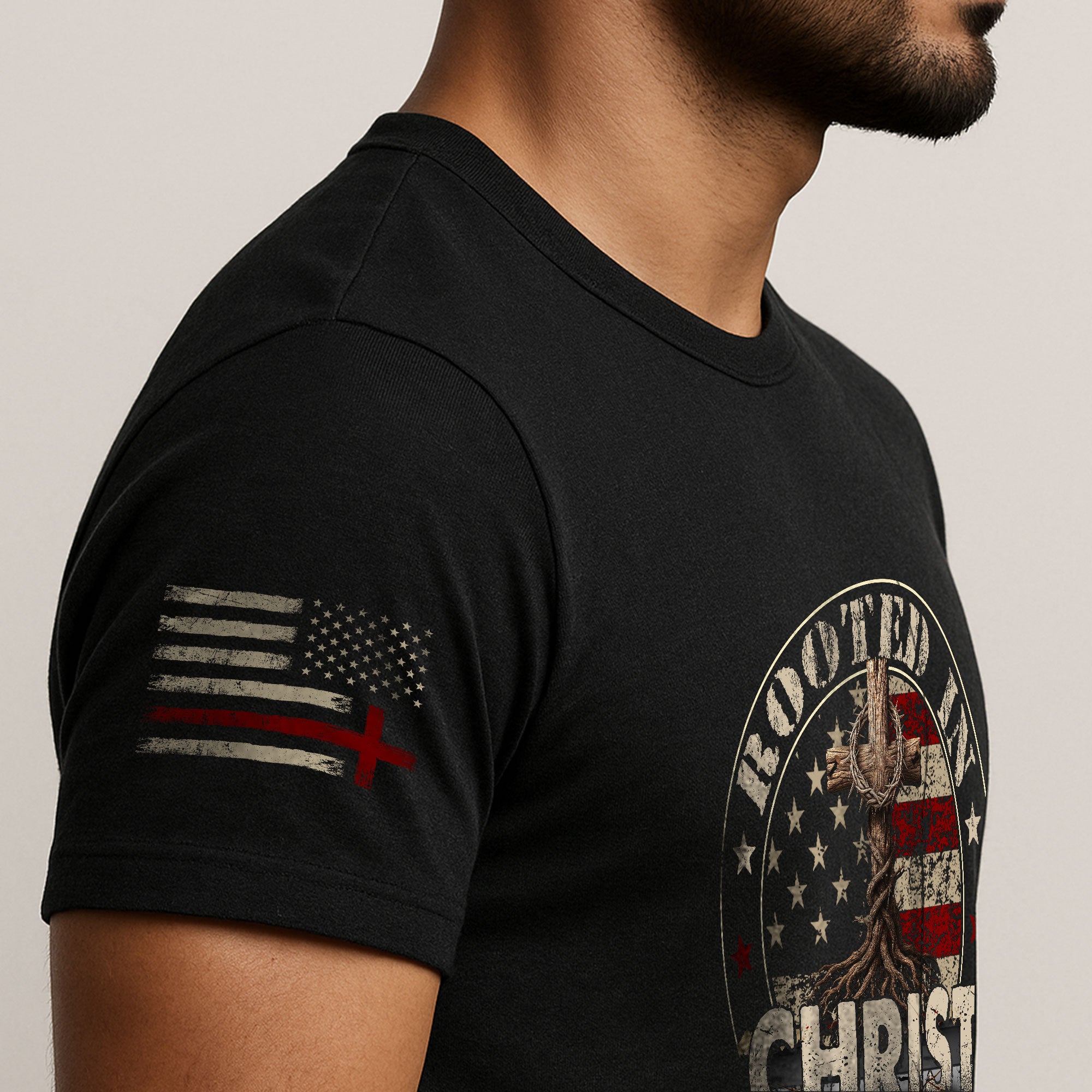 Faith Based Christian Tee Shirts, Rooted in Christ American Flag and Cross - Christian Shirts for Men - Rust Field Wear