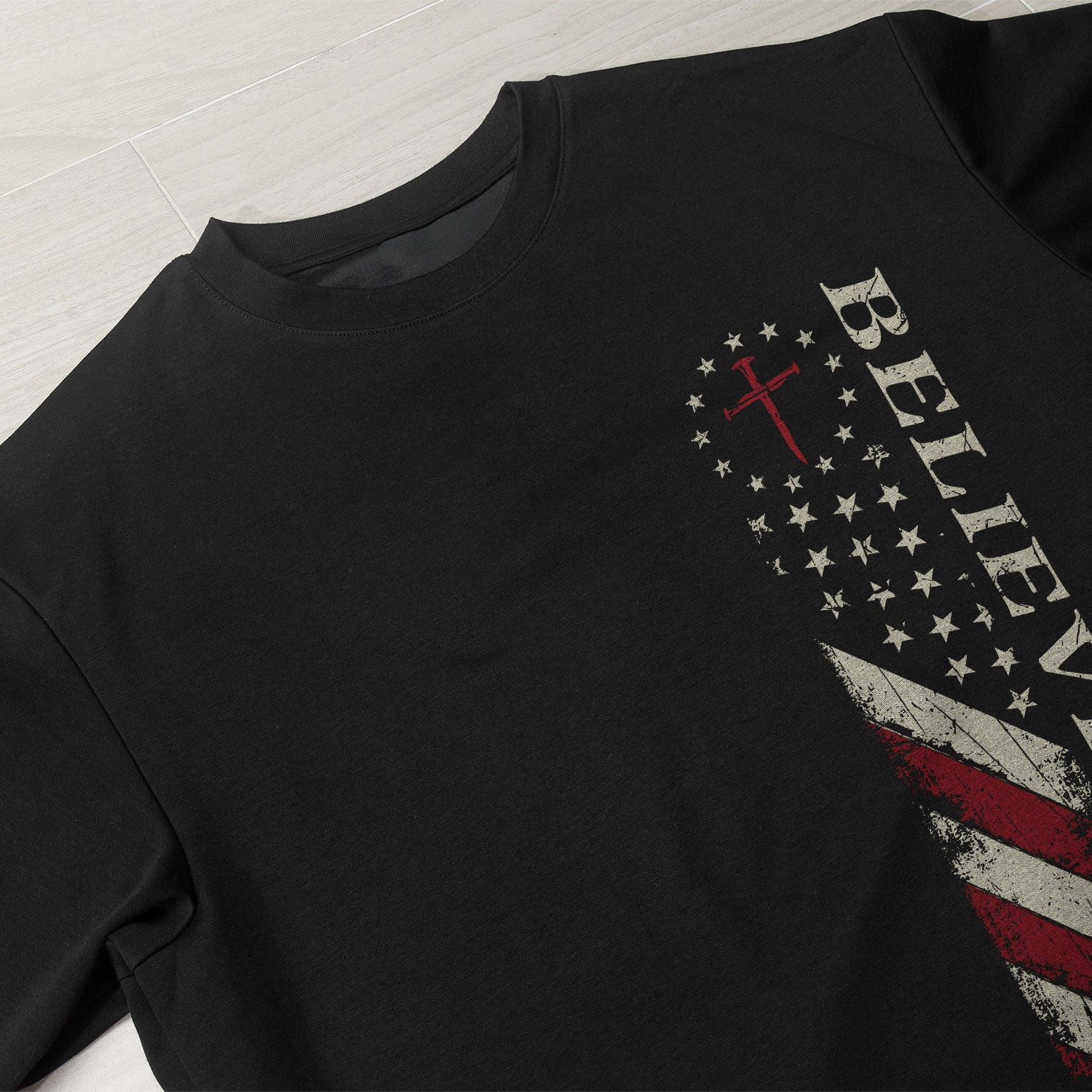 Believe American Flag Cross, Christian Tee Shirts - Faith Shirts for Men - Rust Field Wear