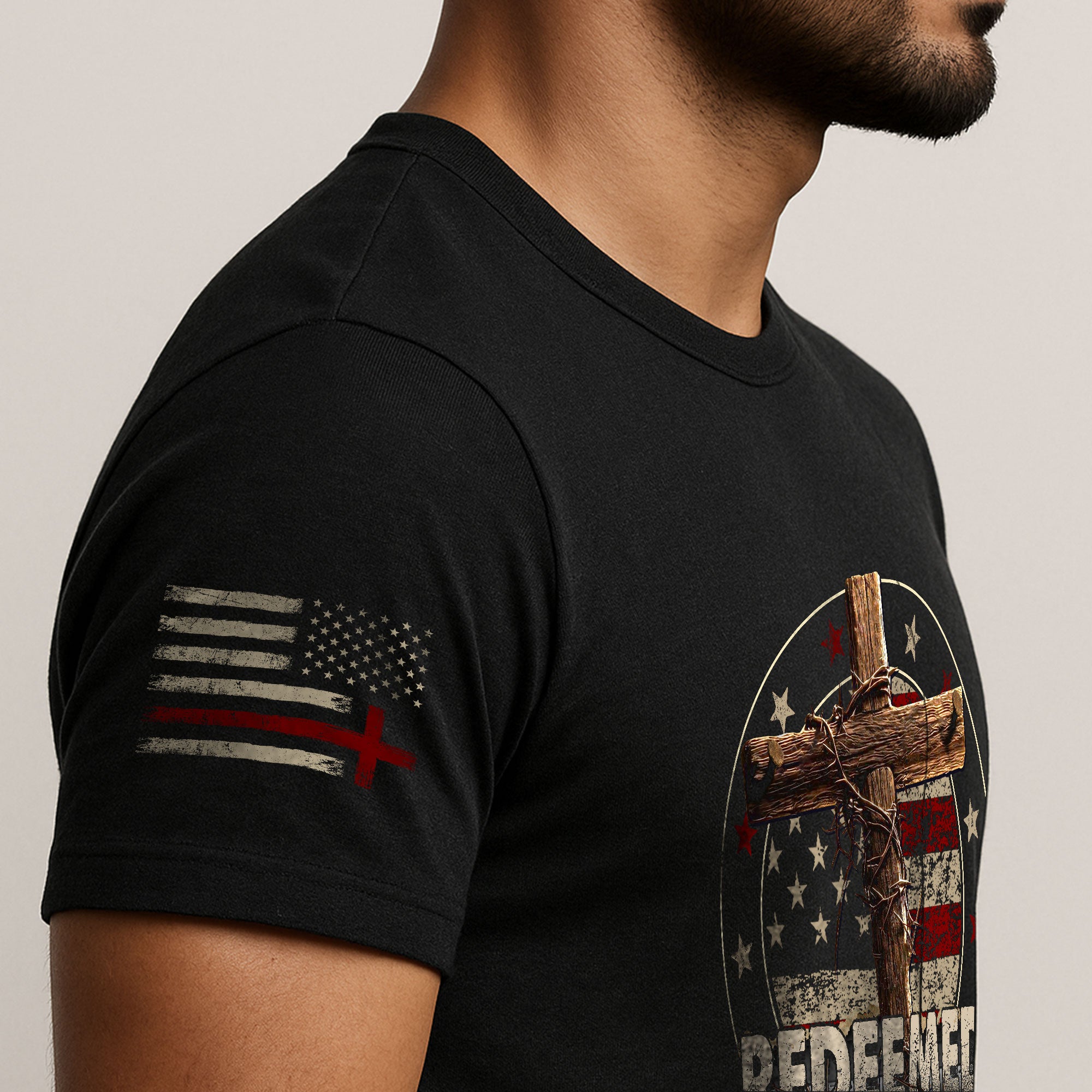 Redeemed Cross Christian American Flag Faith - Christian Shirts for Men, Faith Based Christian Tee Shirts - Rust Field Wear