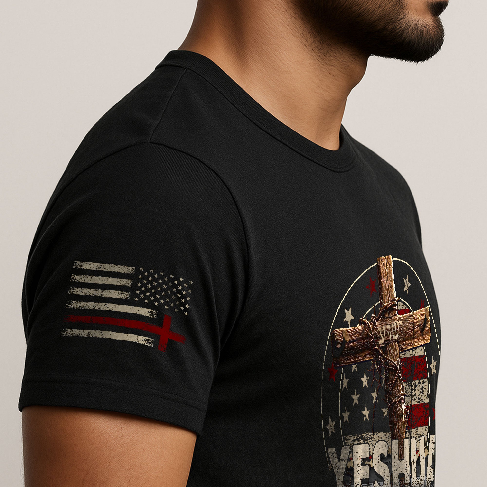 Christian Shirts for Men - Yeshua Cross and Flag, Christian Tee Shirts - Rust Field Wear