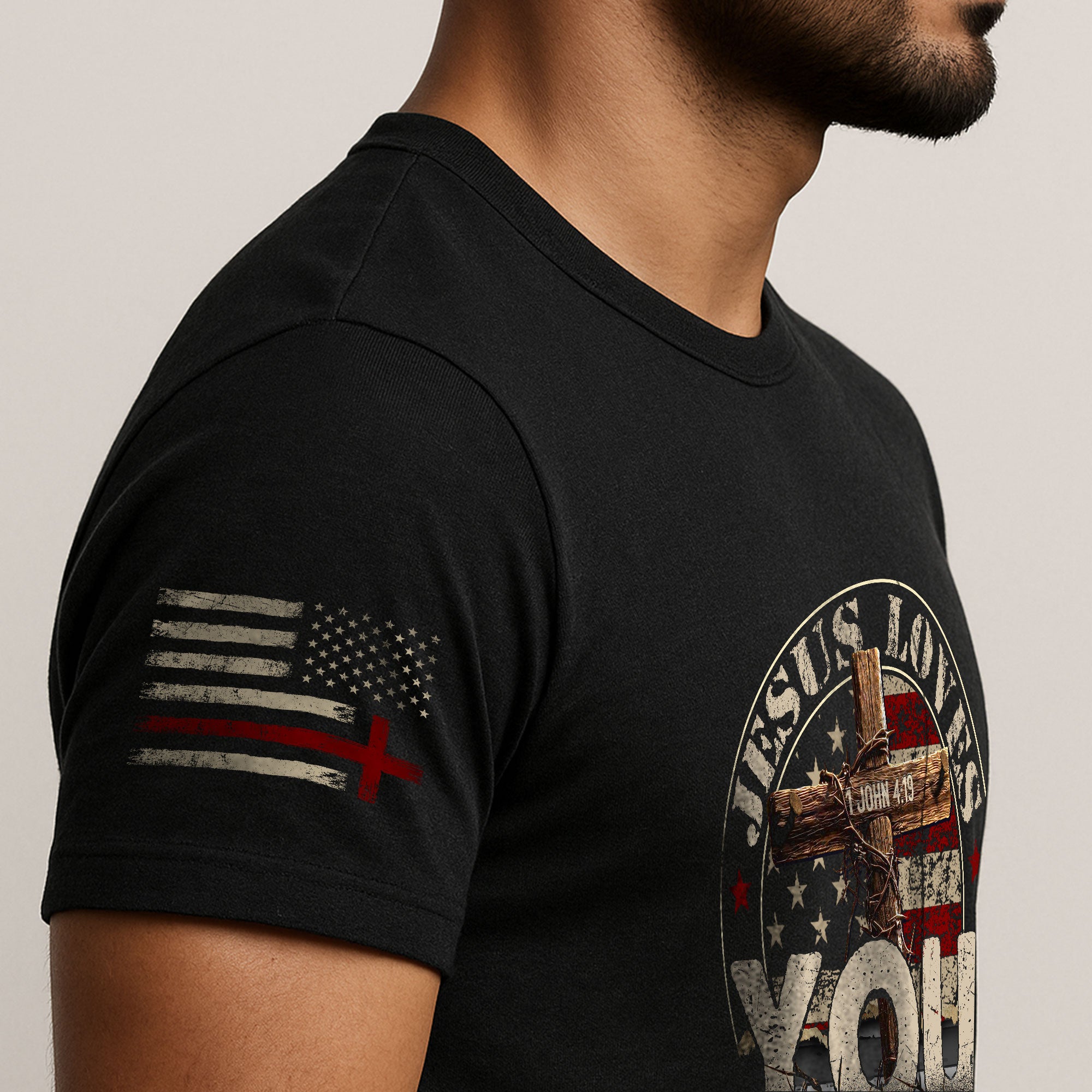 Jesus Loves You John 4:19, Christian Tee Shirts - Faith Shirts for Men - Rust Field Wear