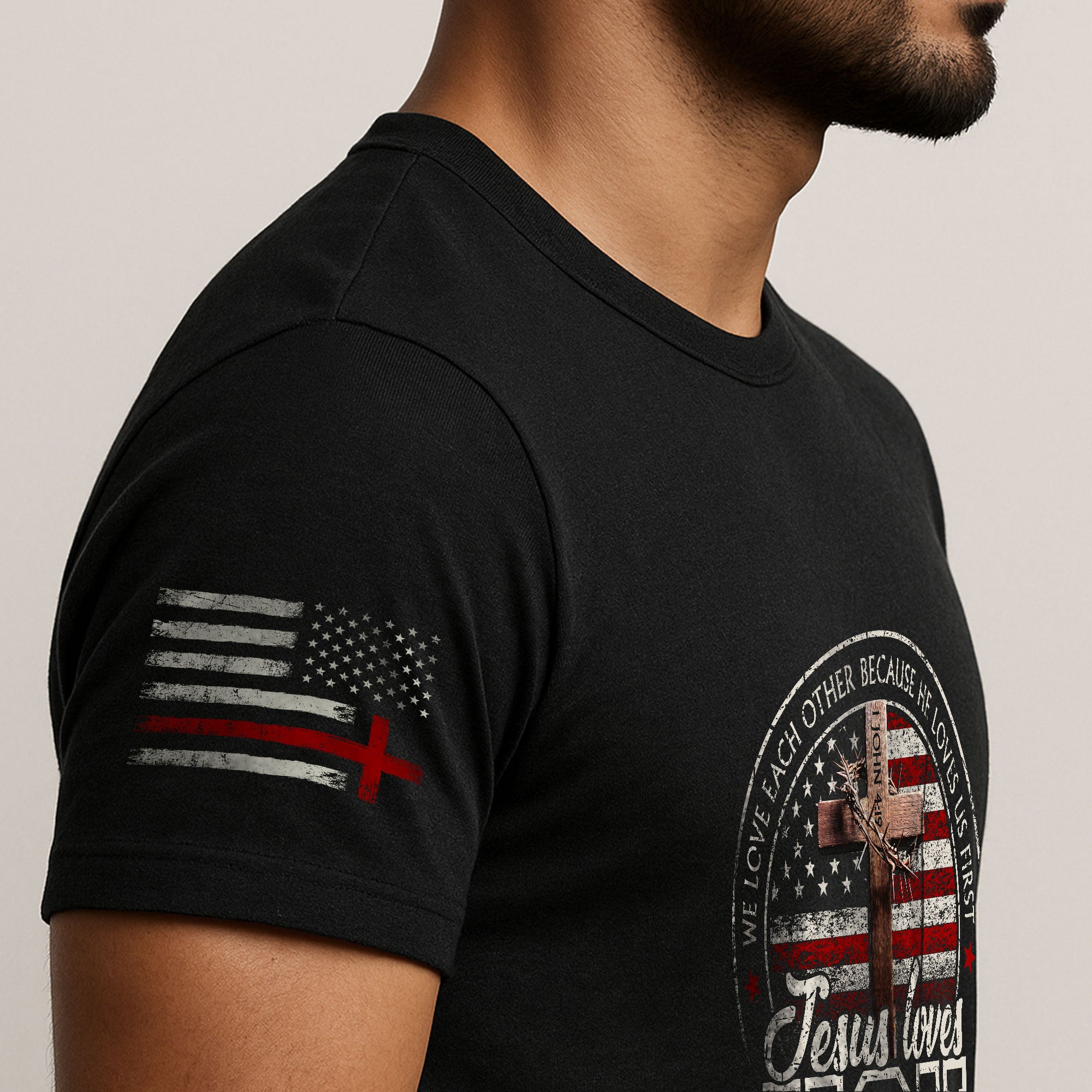 Jesus Loves You American Flag Cross and 1 John 4:19 Verse - Christian Shirts for Men, Faith Based Christian Tee Shirts - Rust Field Wear