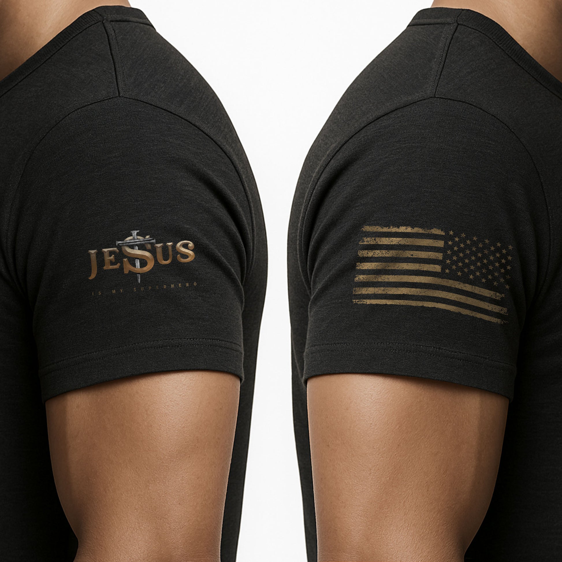 Jesus Is My Superhero Cross and American Flag - Christian Tee Shirts, Christian Shirts for Men - Rust Field Wear