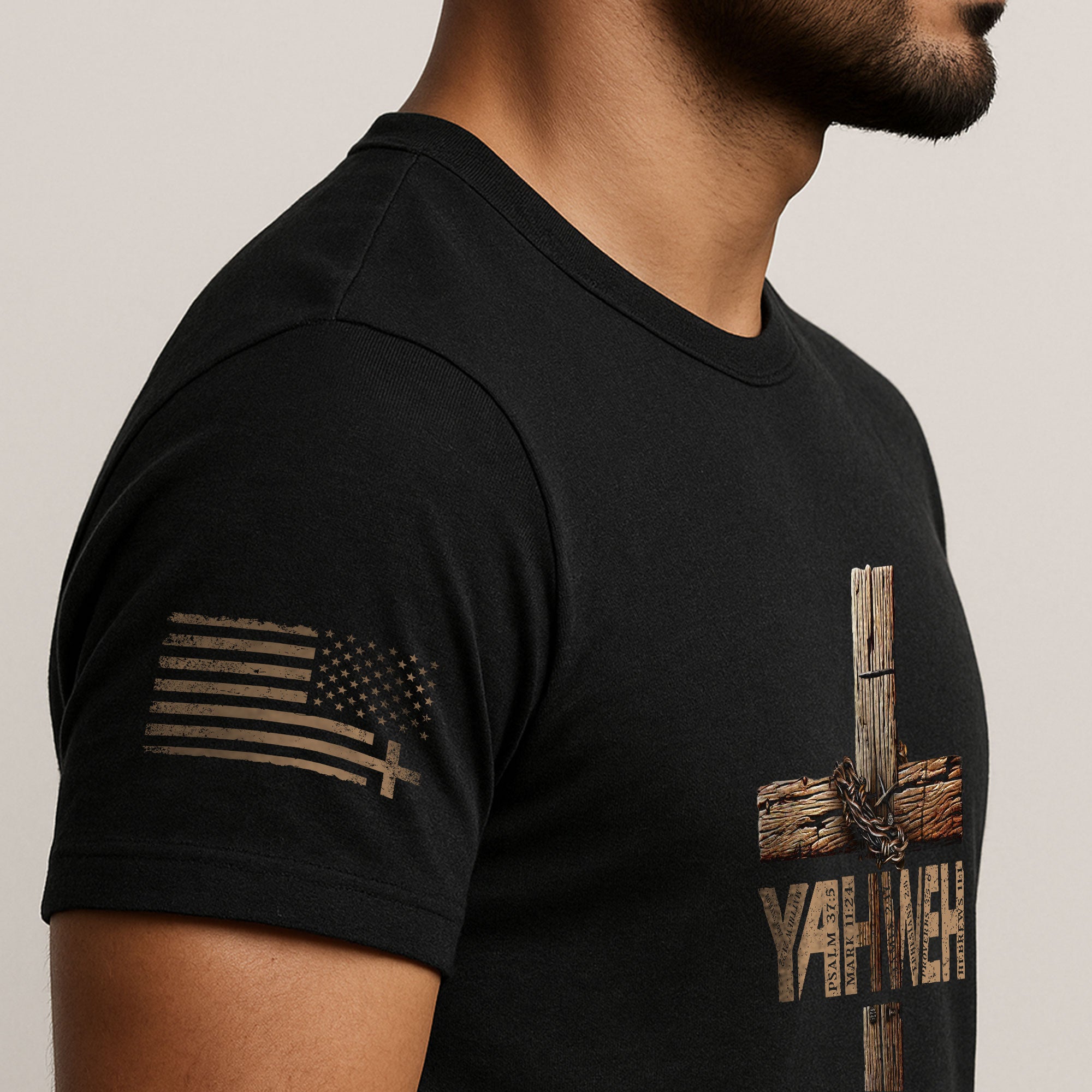 Christian Shirts for Men - Yahweh Cross with Bible Verse Wooden Design, Christian Tee Shirts - Rust Field Wear