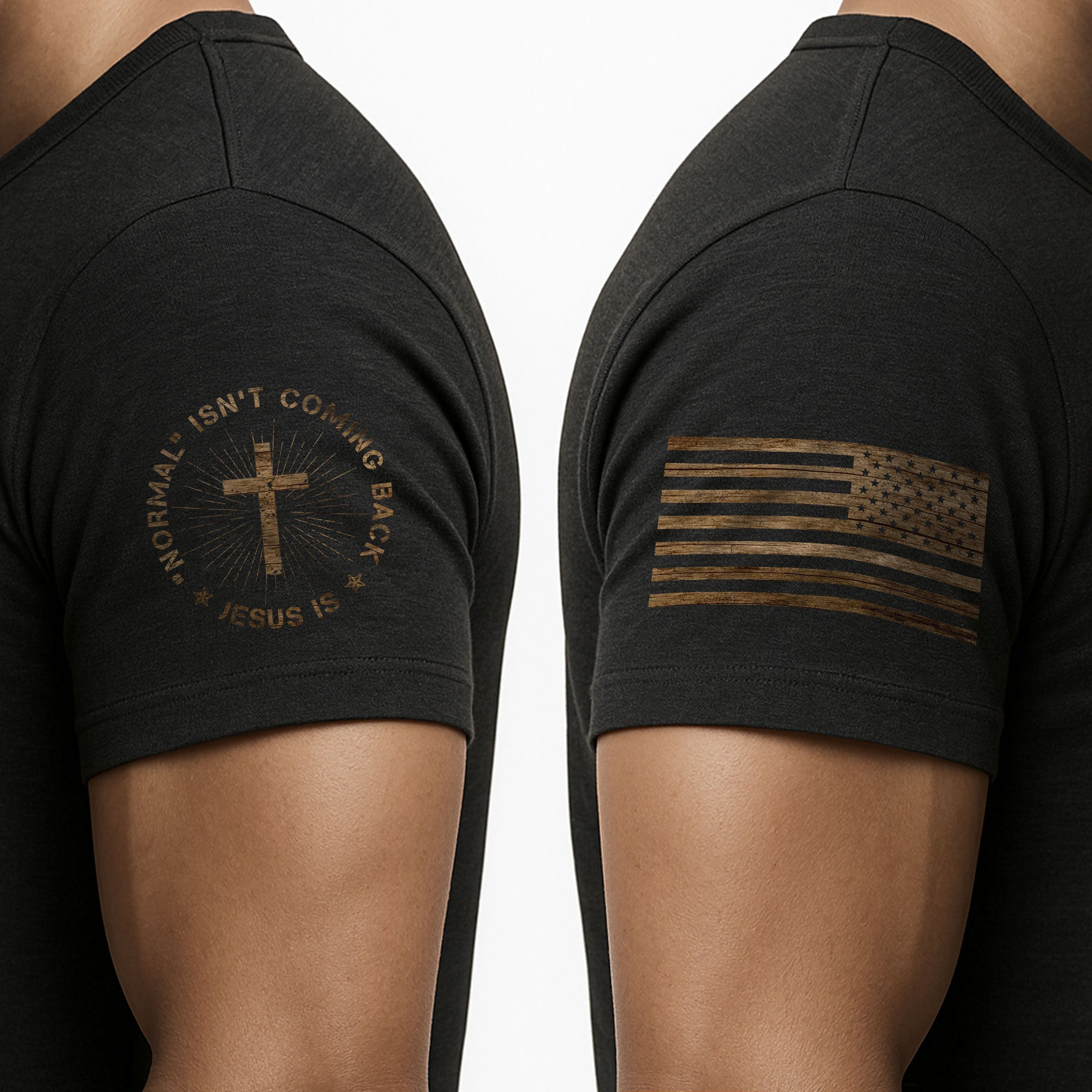 Christian Shirts for Men - Normal Isn’t Coming Back Jesus Is American Flag Cross, Christian Tee Shirts - Rust Field Wear