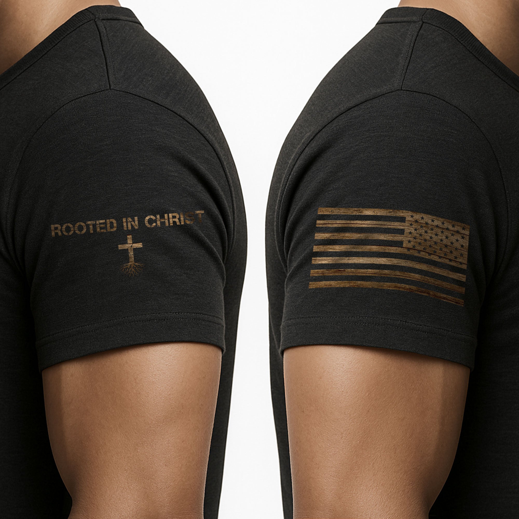 Rooted In Christ American Flag Cross - Christian Shirts for Men, Faith Based Christian Tee Shirts - Rust Field Wear
