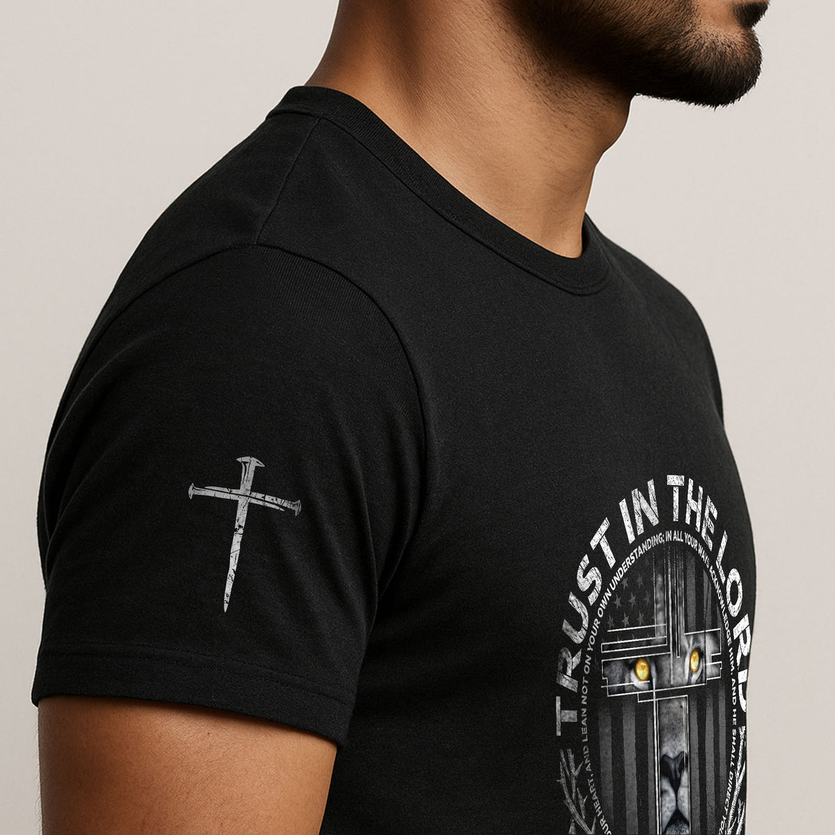 Trust In The Lord Proverbs 3:5 Lion Cross - Christian Shirts for Men, Faith Based Christian Tee Shirts - Rust Field Wear