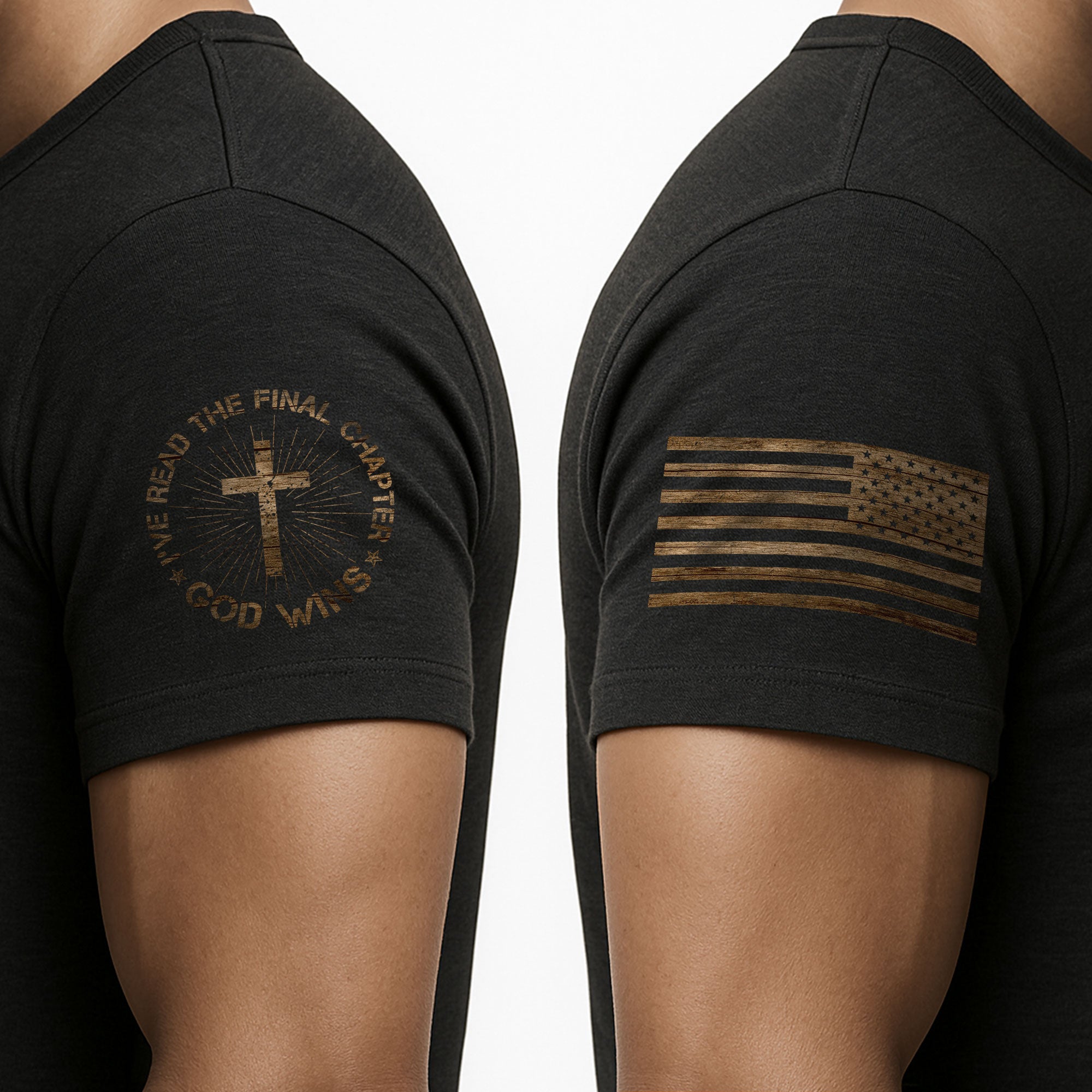 Faith Based Christian Tee Shirts, God Wins American Flag Cross Christian - Christian Shirts for Men - Rust Field Wear