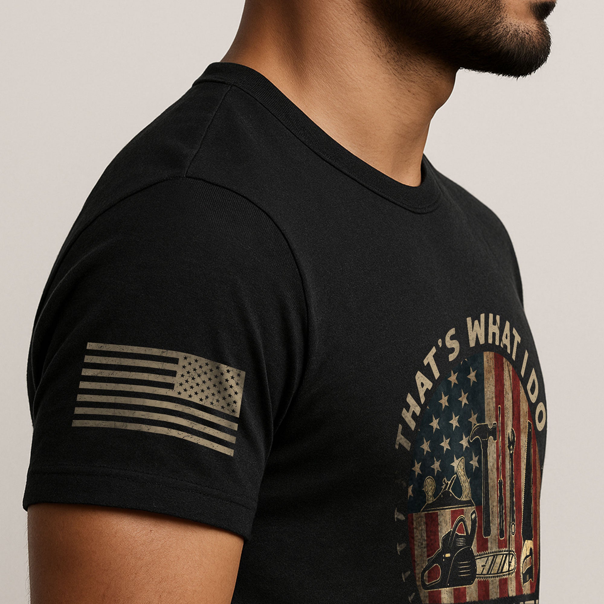 Men Woodworking Tool Graphic T-Shirt I Fix Stuff And I Know Things Chainsaw Flag Tee