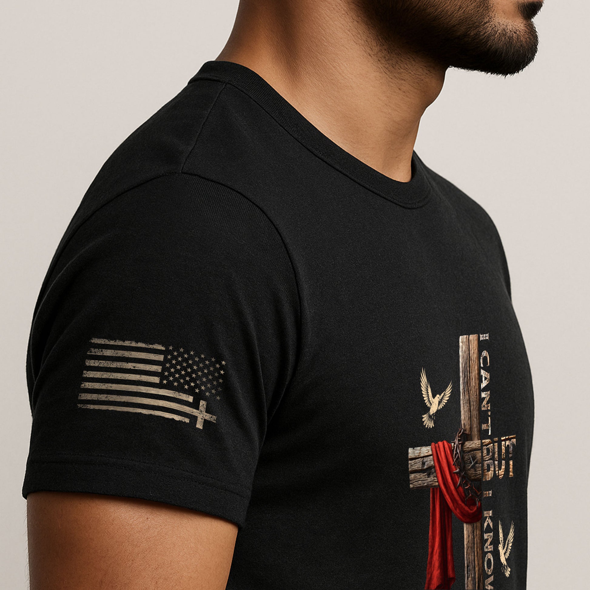 Faith Based Christian Tee Shirts, I Can’t But I Know A Guy Cross With Red Cloth and Doves - Christian Shirts for Men - Rust Field Wear