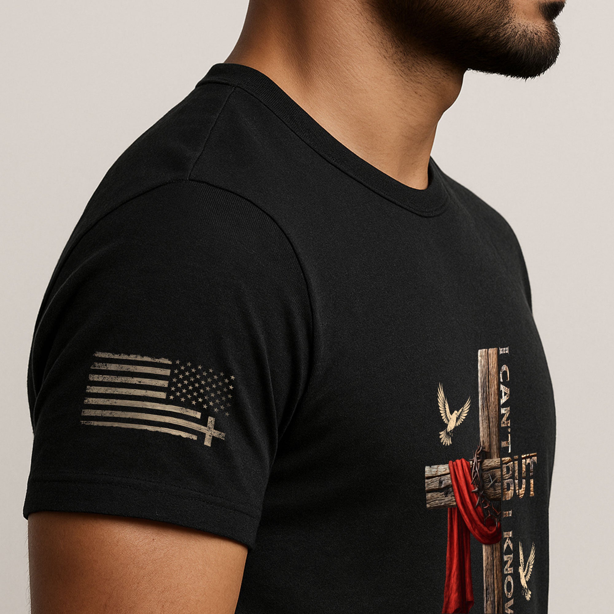 Faith Based Christian Tee Shirts, I Can’t But I Know A Guy Cross With Red Cloth and Doves - Christian Shirts for Men - Rust Field Wear