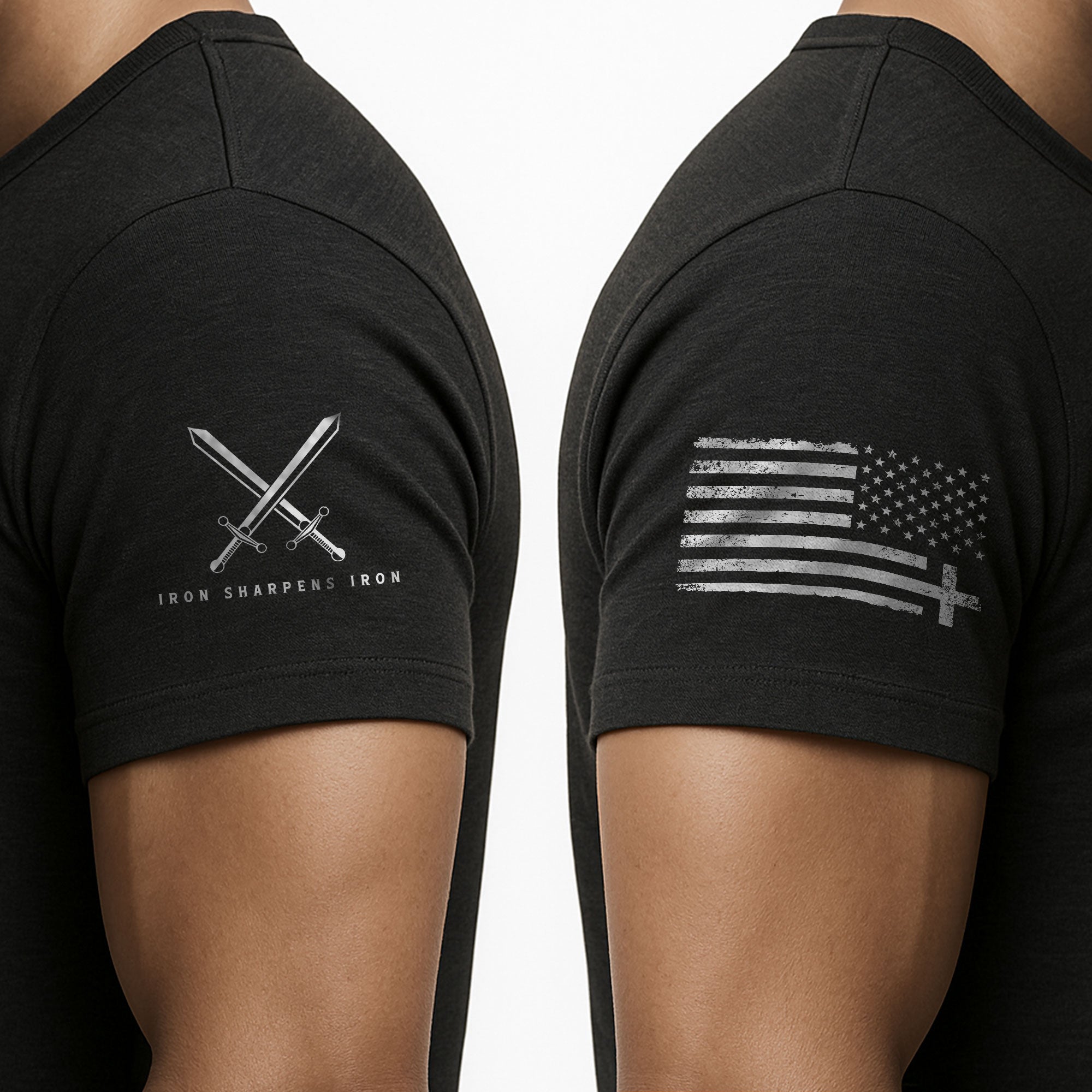 Christian Shirts for Men - Iron Sharpens Iron Cross Proverbs 27:17 Christian, Christian Tee Shirts - Rust Field Wear