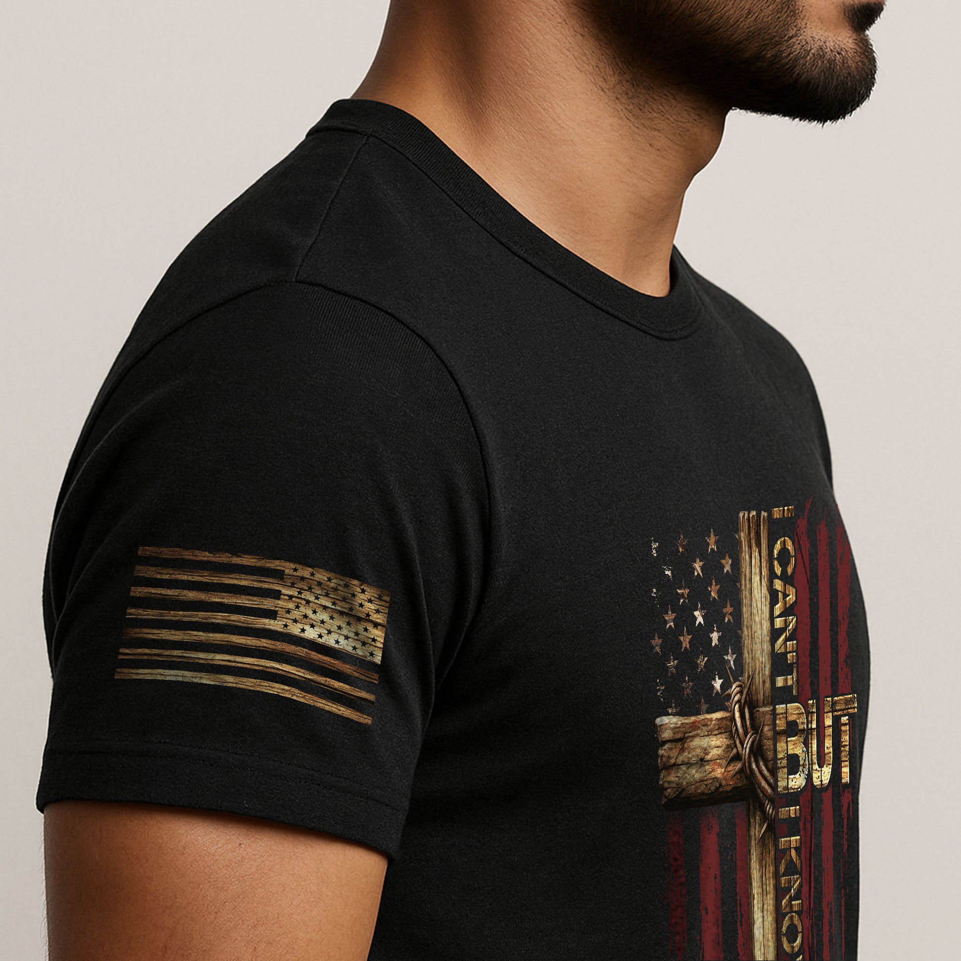 Christian Tee Shirts, I Can’t But I Know a Guy Cross and American Flag Christian - Christian Shirts for Men - Rust Field Wear
