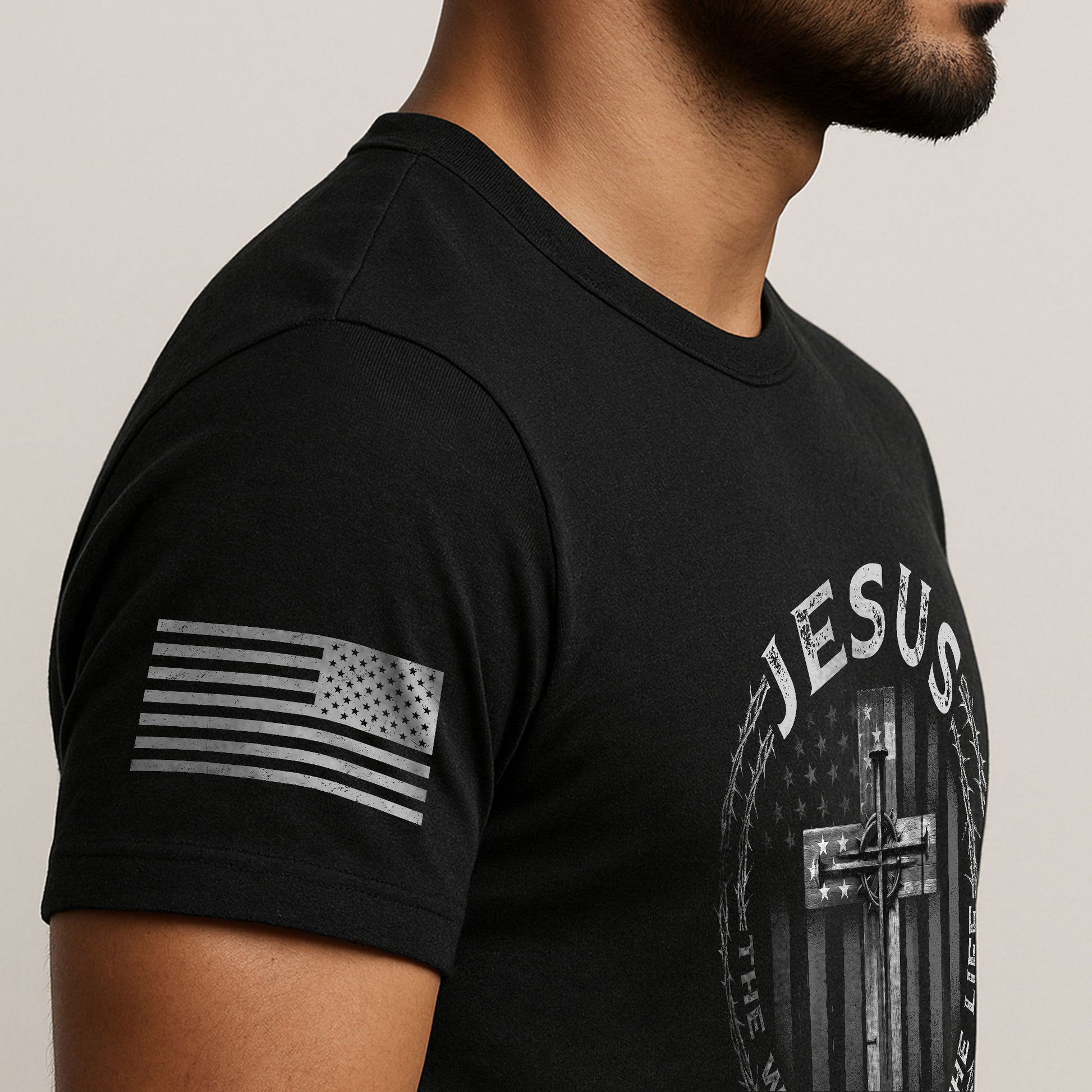 Faith Based Christian Tee Shirts, Jesus Cross American Flag The Way The Truth The Life - Christian Shirts for Men - Rust Field Wear
