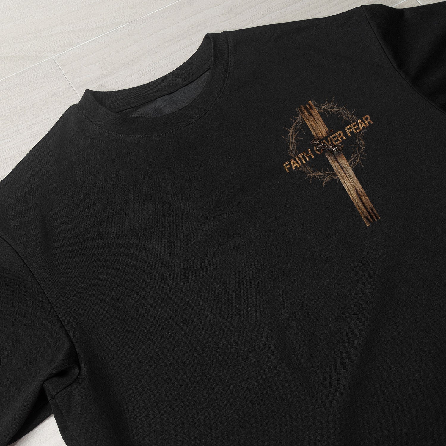 Christian Tee Shirts, Faith Over Fear Wooden Cross Crown of Thorns - Christian Shirts for Men - Rust Field Wear