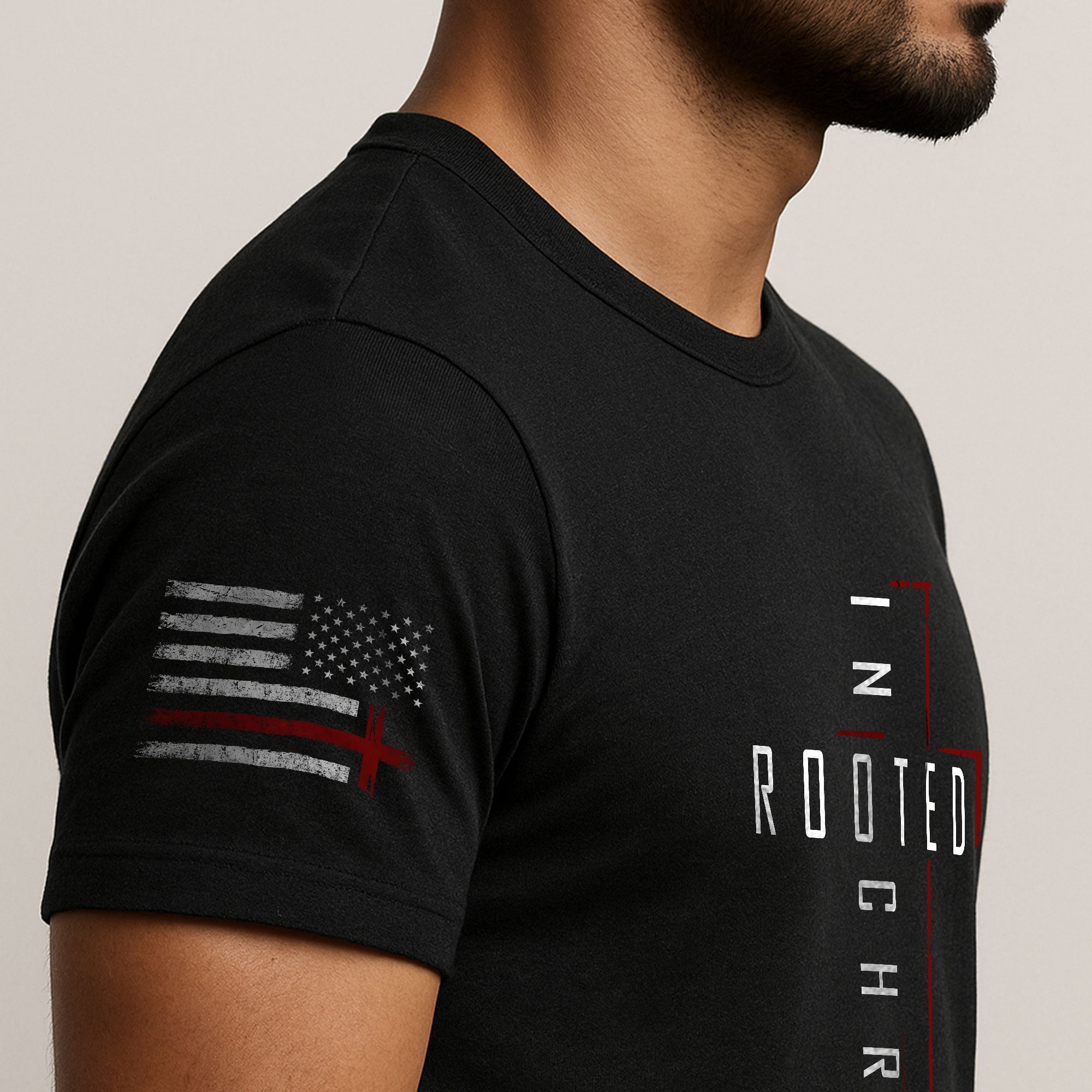Christian Tee Shirts, Rooted In Christ Red Cross and Roots Christian - Christian Shirts for Men - Rust Field Wear