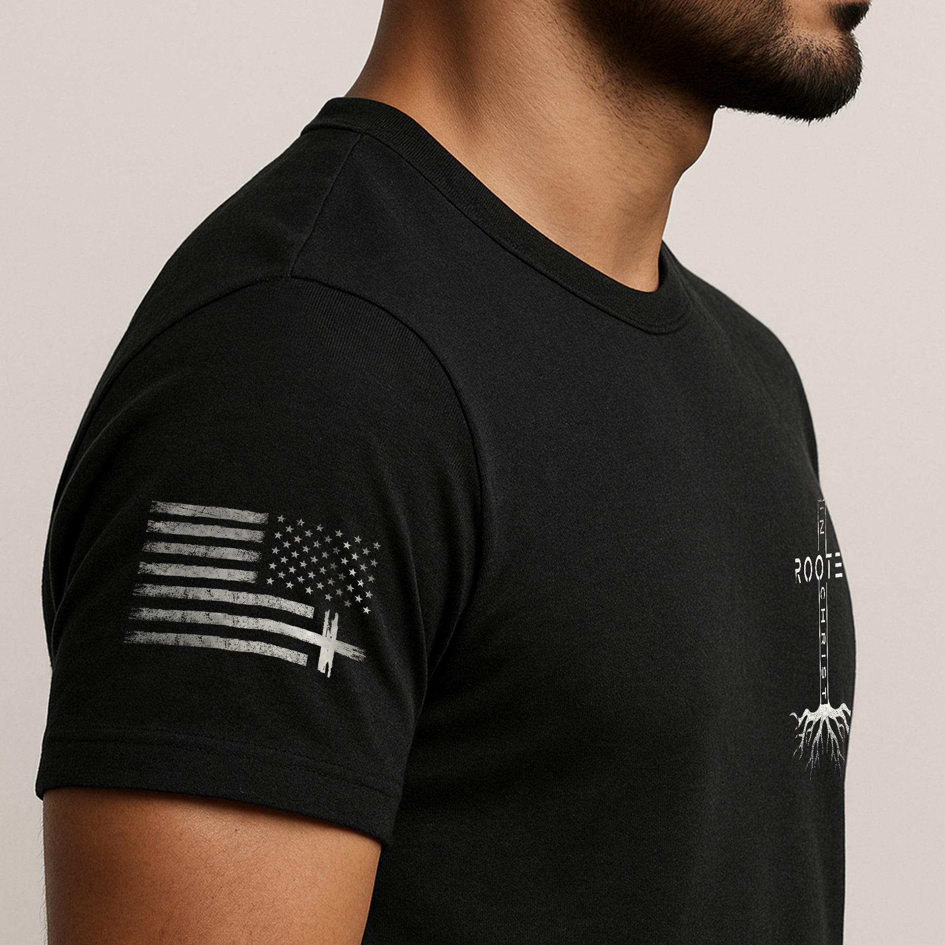 Christian Shirts for Men - Rooted In Christ Vertical Cross Roots Back Print Christian, Christian Tee Shirts - Rust Field Wear