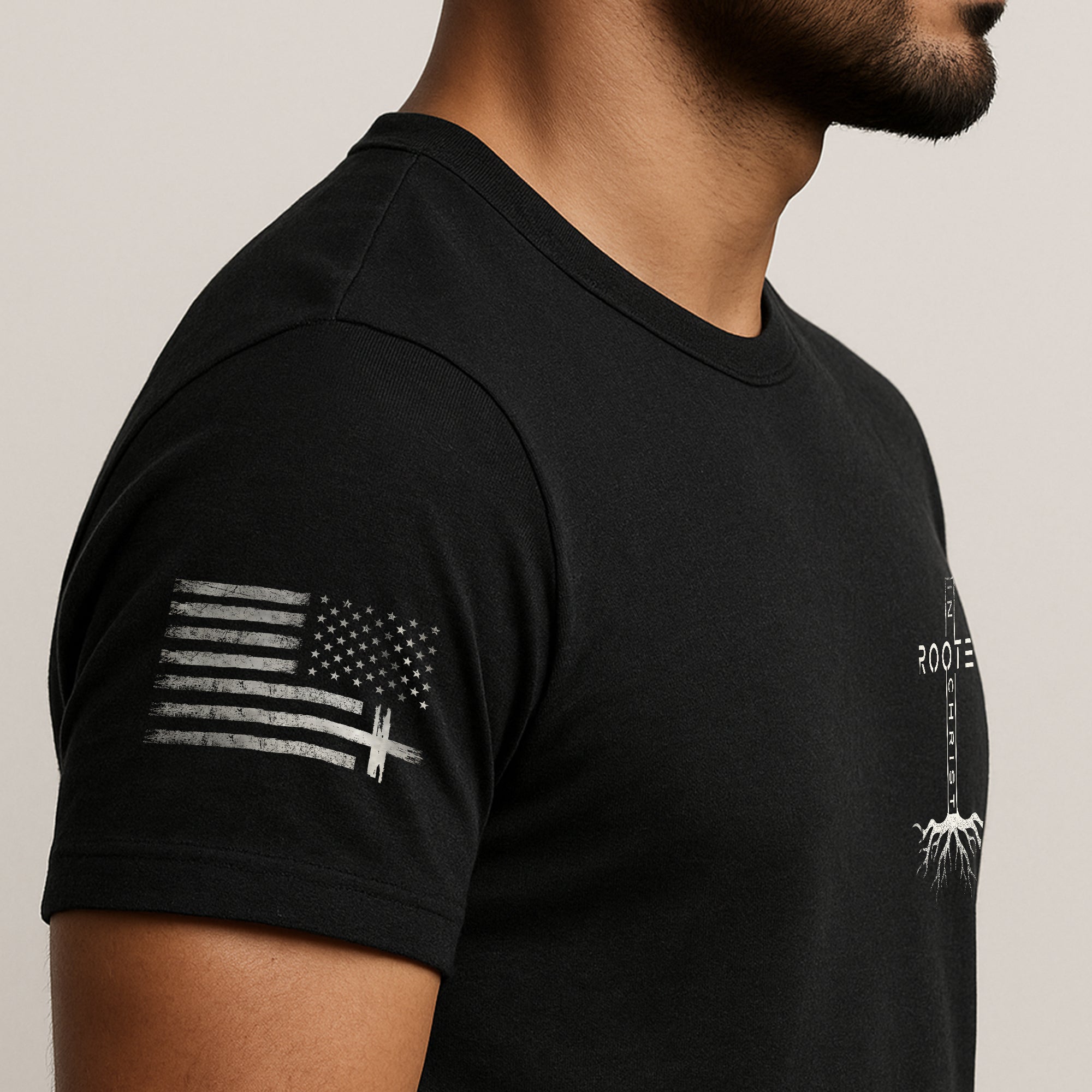 Christian Shirts for Men - Rooted In Christ Vertical Cross Roots Back Print Christian, Christian Tee Shirts - Rust Field Wear