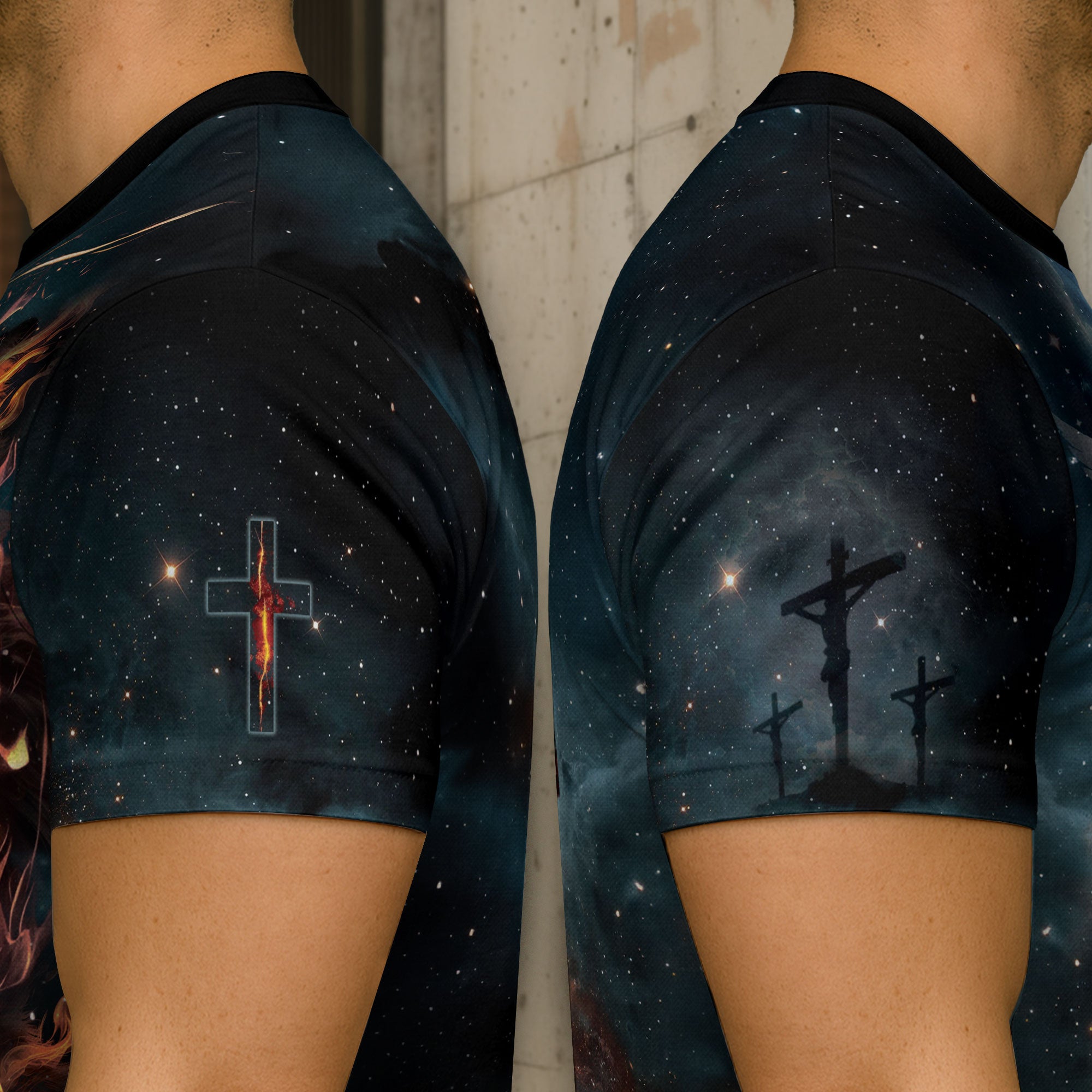 RustField Co Freedom Shirts - Faith Over Fear Lion Cross Fire Galaxy, Christian Tee Shirts for Men - Rust Field Wear