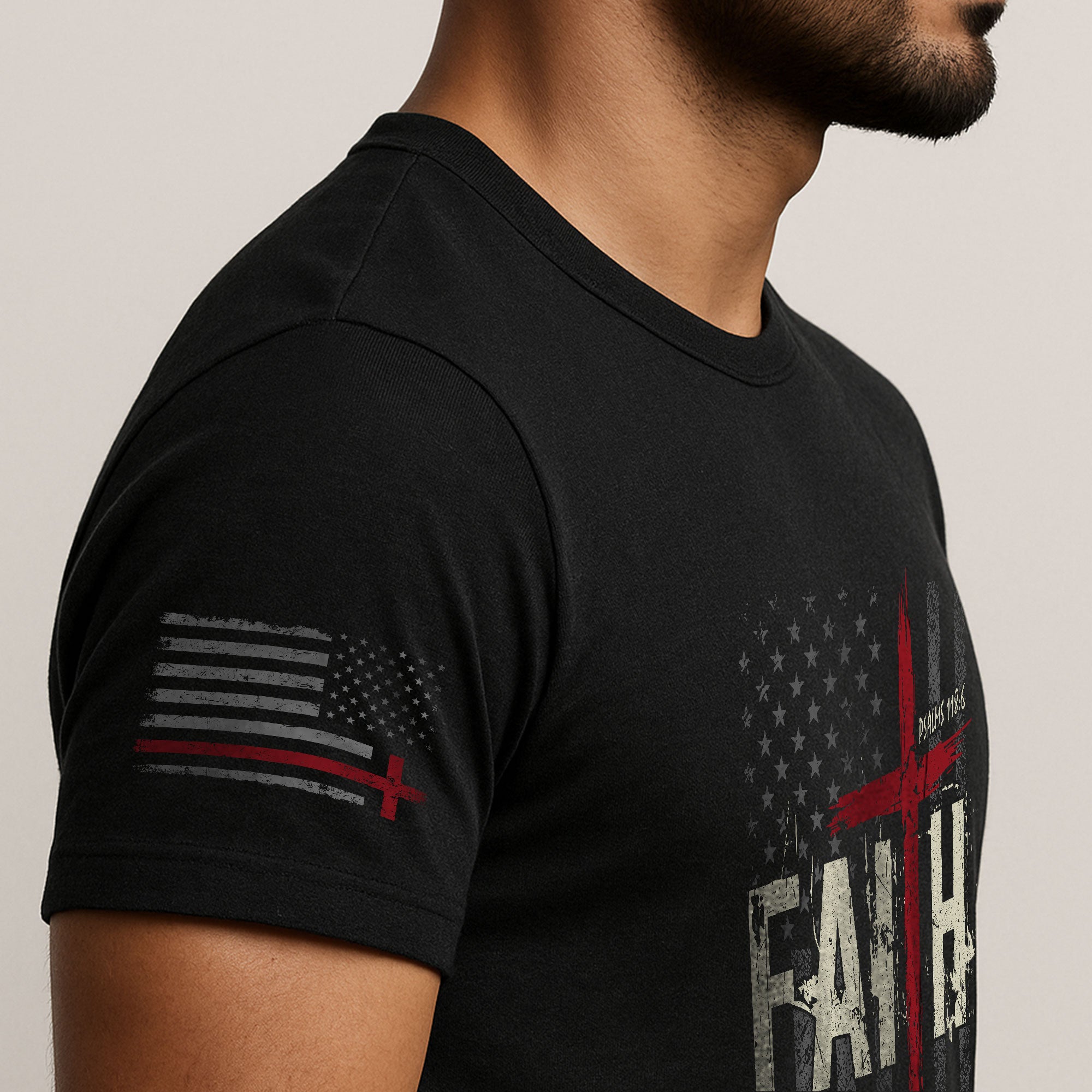 Christian Tee Shirts, Faith Over Fear Psalms 118:6 Red Cross American Flag Christian - Christian Shirts for Men - Rust Field Wear