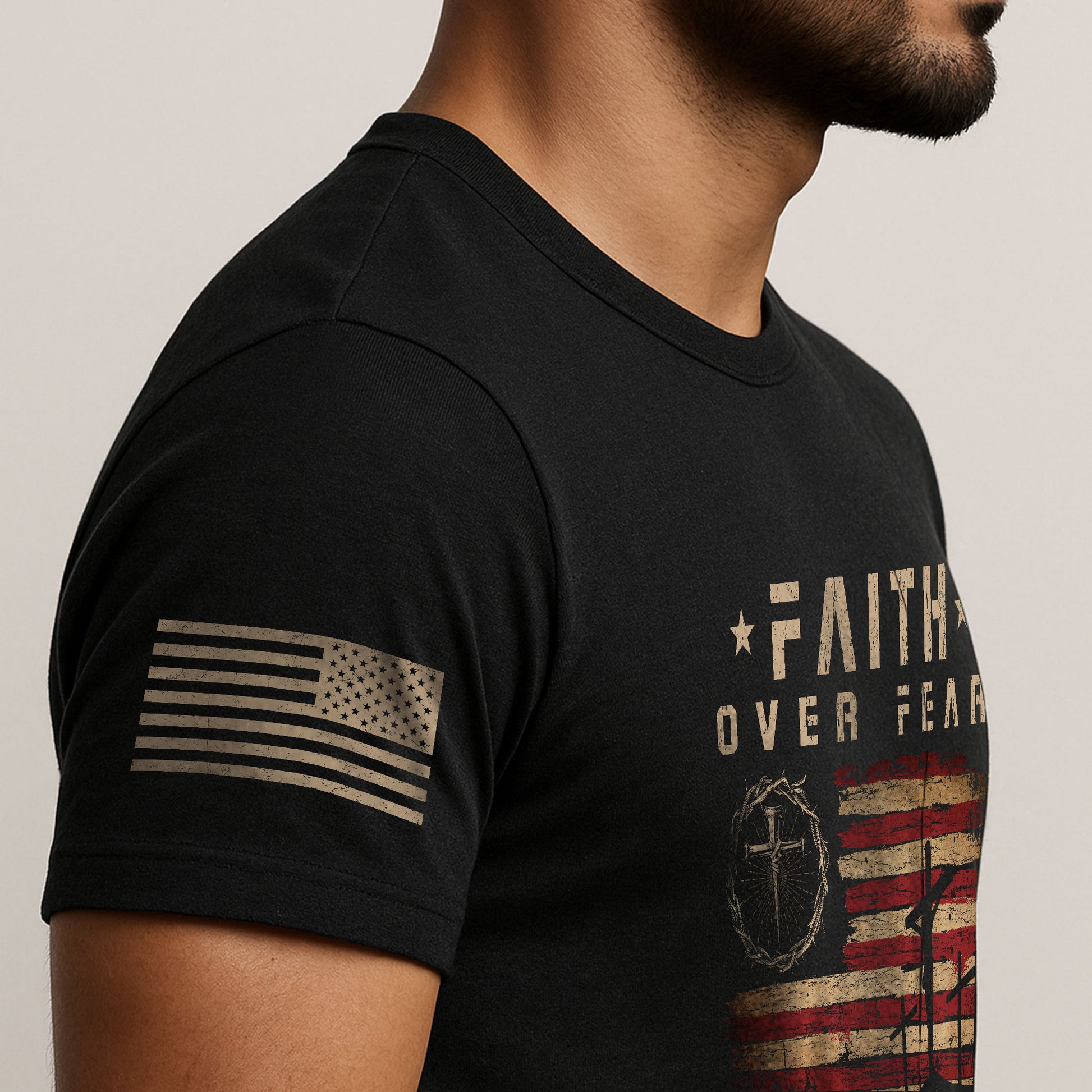 Faith Over Fear Psalms 118:6 Three Crosses American Flag Christian - Christian Tee Shirts, Christian Shirts for Men - Rust Field Wear