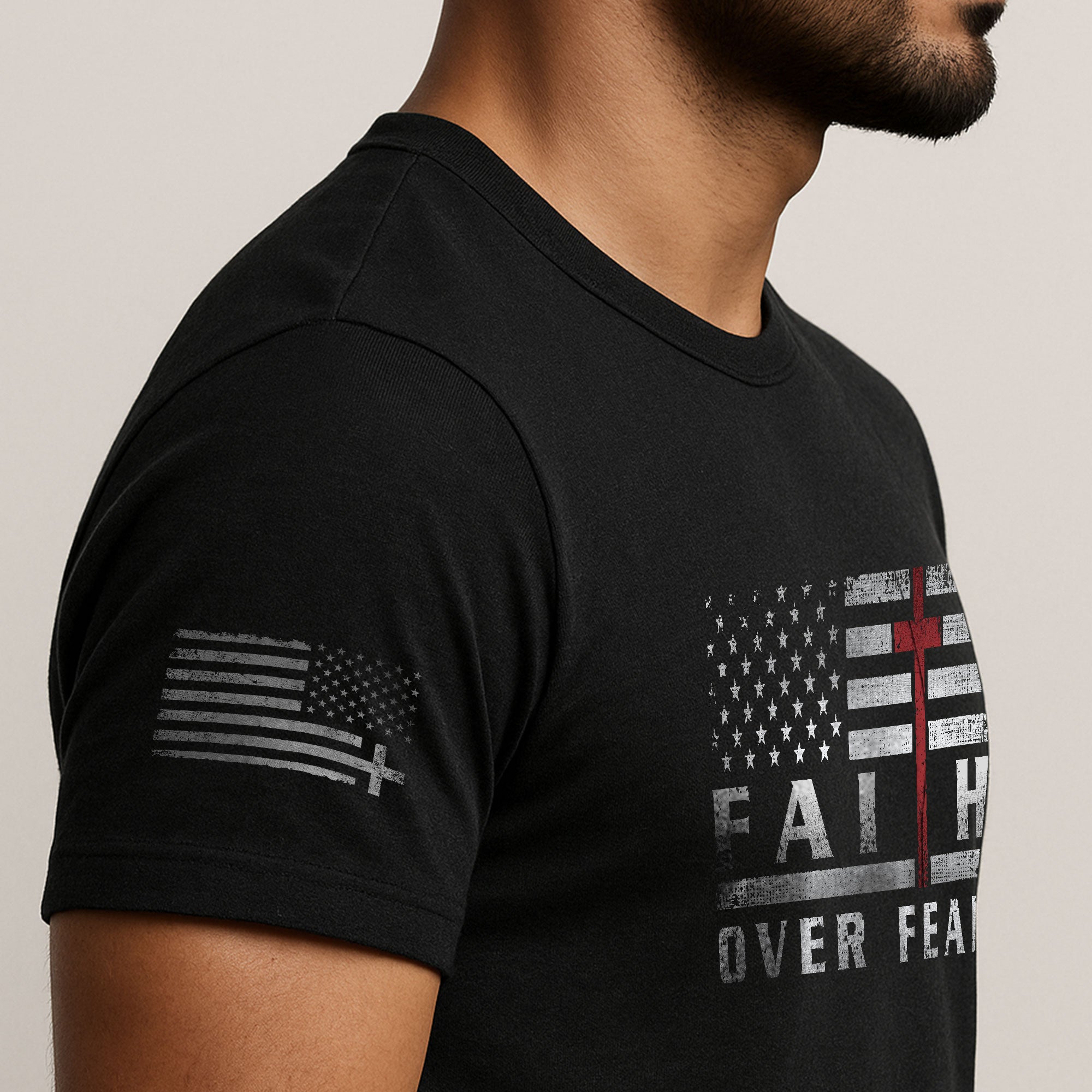 Faith Over Fear USA Flag Red Cross Christian - Christian Tee Shirts, Christian Shirts for Men - Rust Field Wear