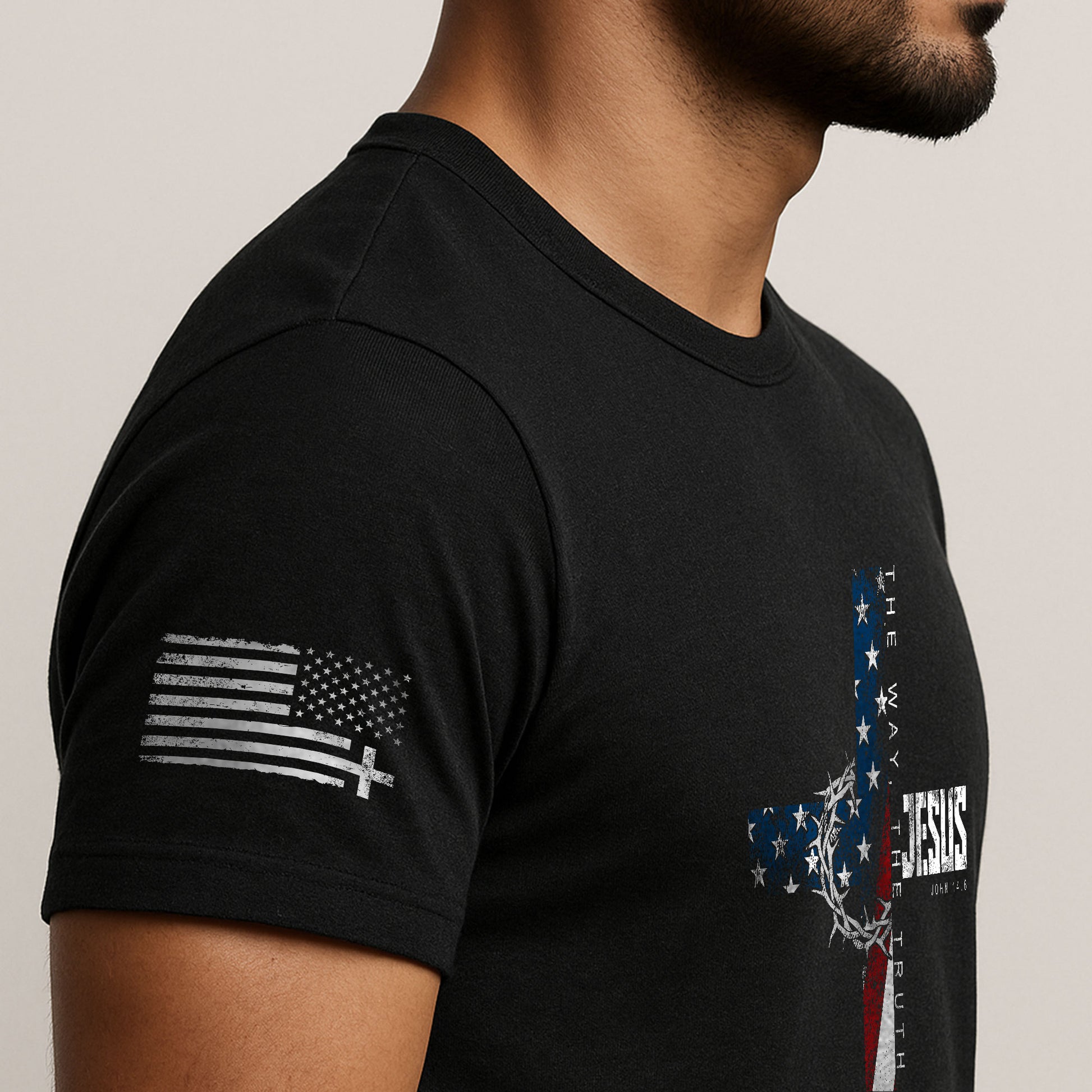 Christian Shirts for Men, Jesus John 14:6 American Flag Cross Crown Christian - Christian Tee Shirts - Rust Field Wear