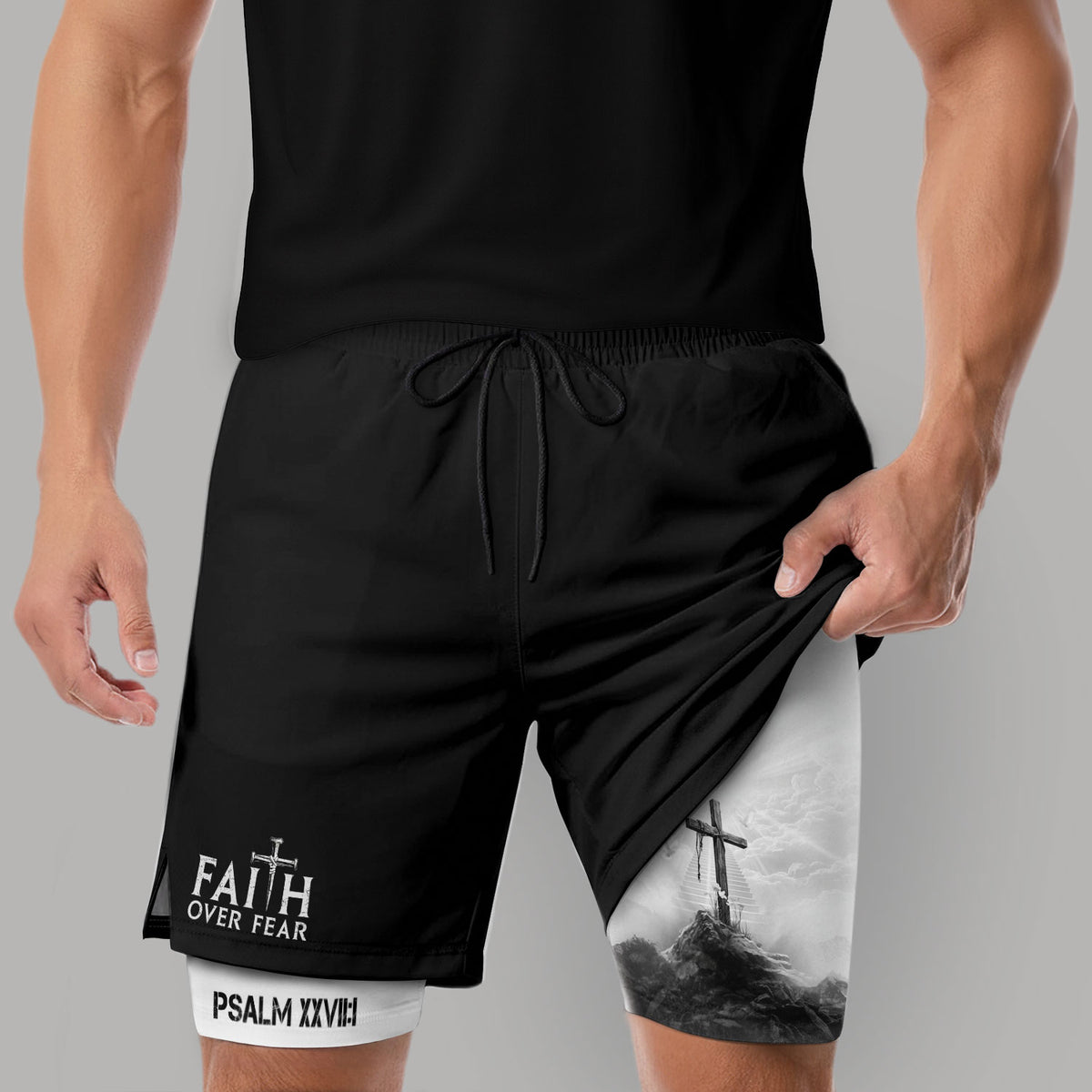 Faith Over Fear Christian Gym Shorts for Men Psalms 27:1 - Rust Field Wear