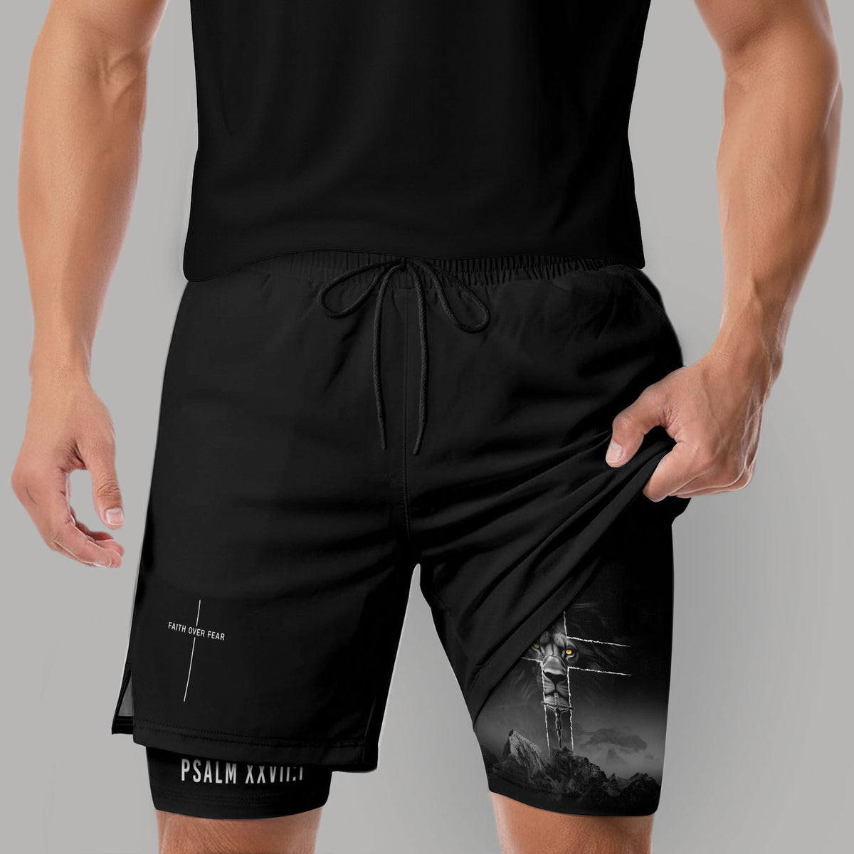 Faith Over Fear Christian Gym Shorts for Men Lion Cross Psalms 27:1 - Rust Field Wear