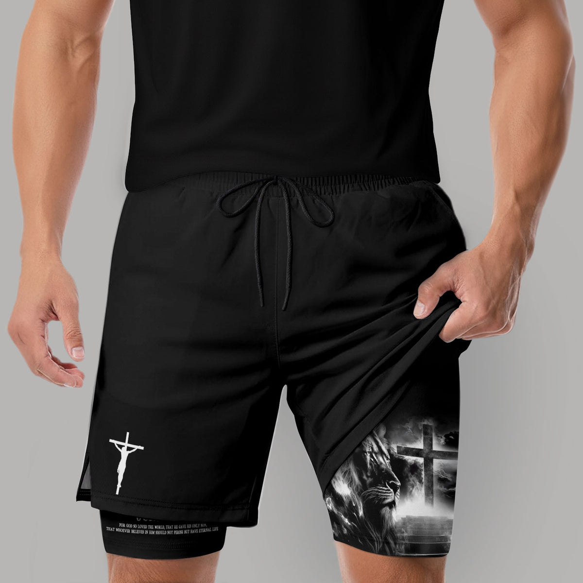 John 3:16 Christian Gym Shorts for Men Lion Cross Jesus Design - Rust Field Wear