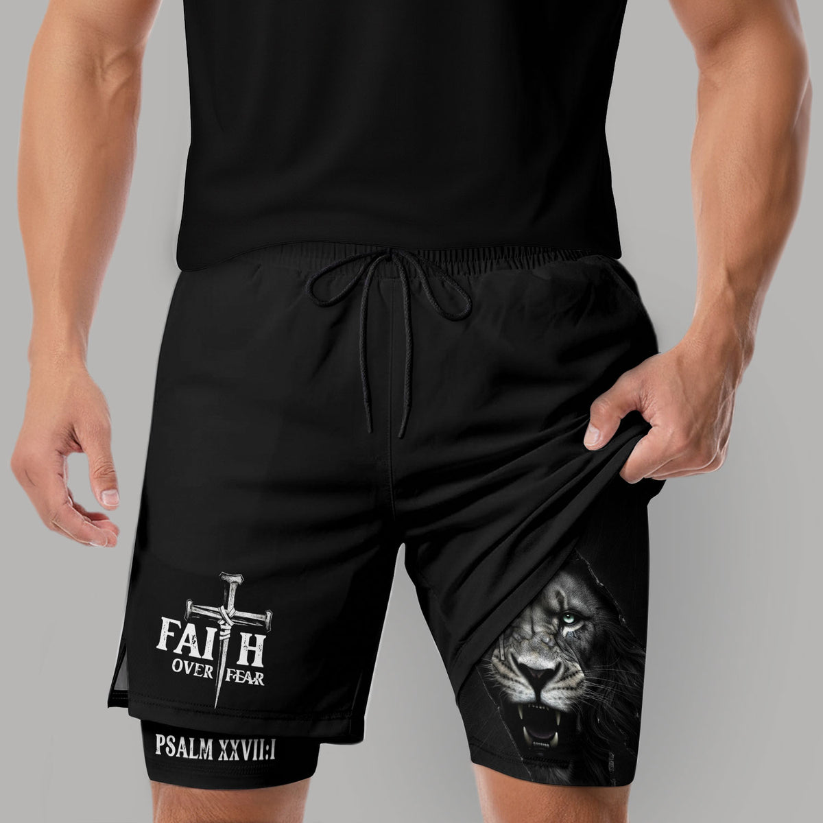 Psalm 27:1 Faith Over Fear Christian Gym Shorts Lion Cross Design - Rust Field Wear