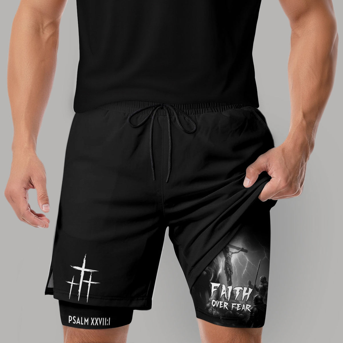 Psalm 27:1 Faith Over Fear Christian Gym Shorts Lion and Cross Design - Rust Field Wear