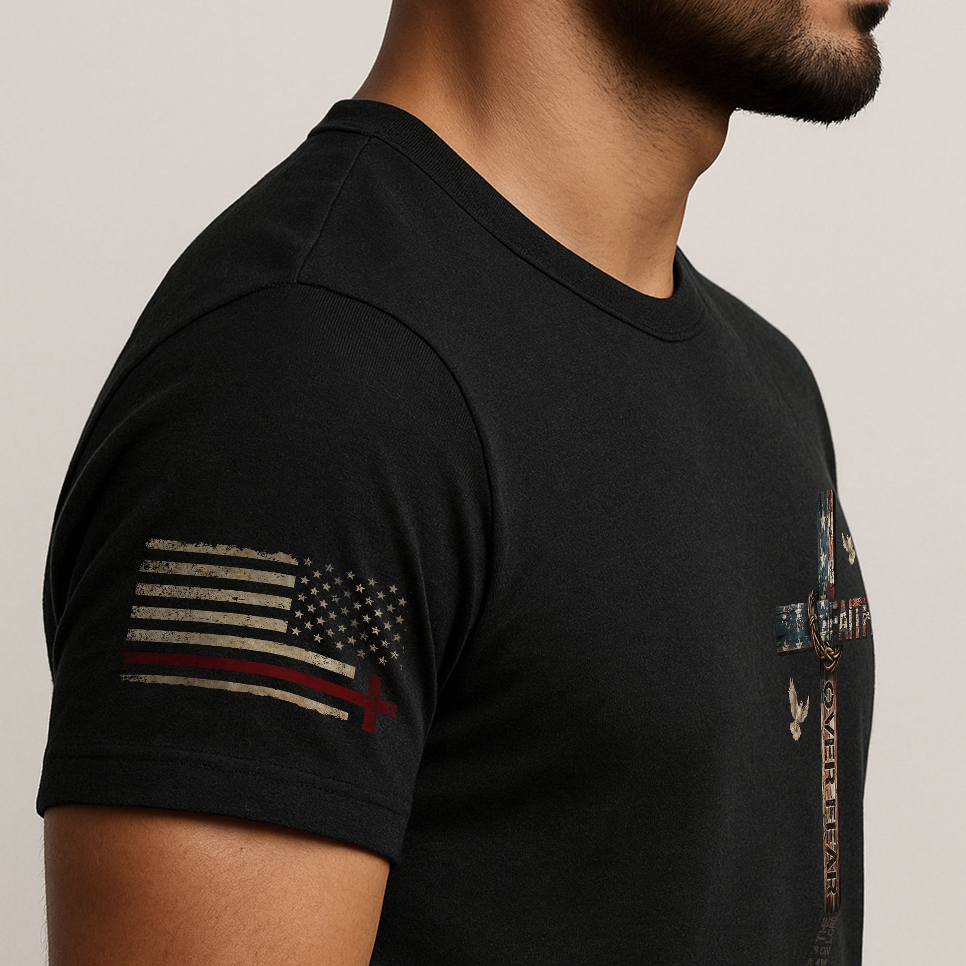 Faith Over Fear Cross American Flag Christian Psalm 118:6 Design, Christian Shirts for Men - Christian Tee Shirts - Rust Field Wear